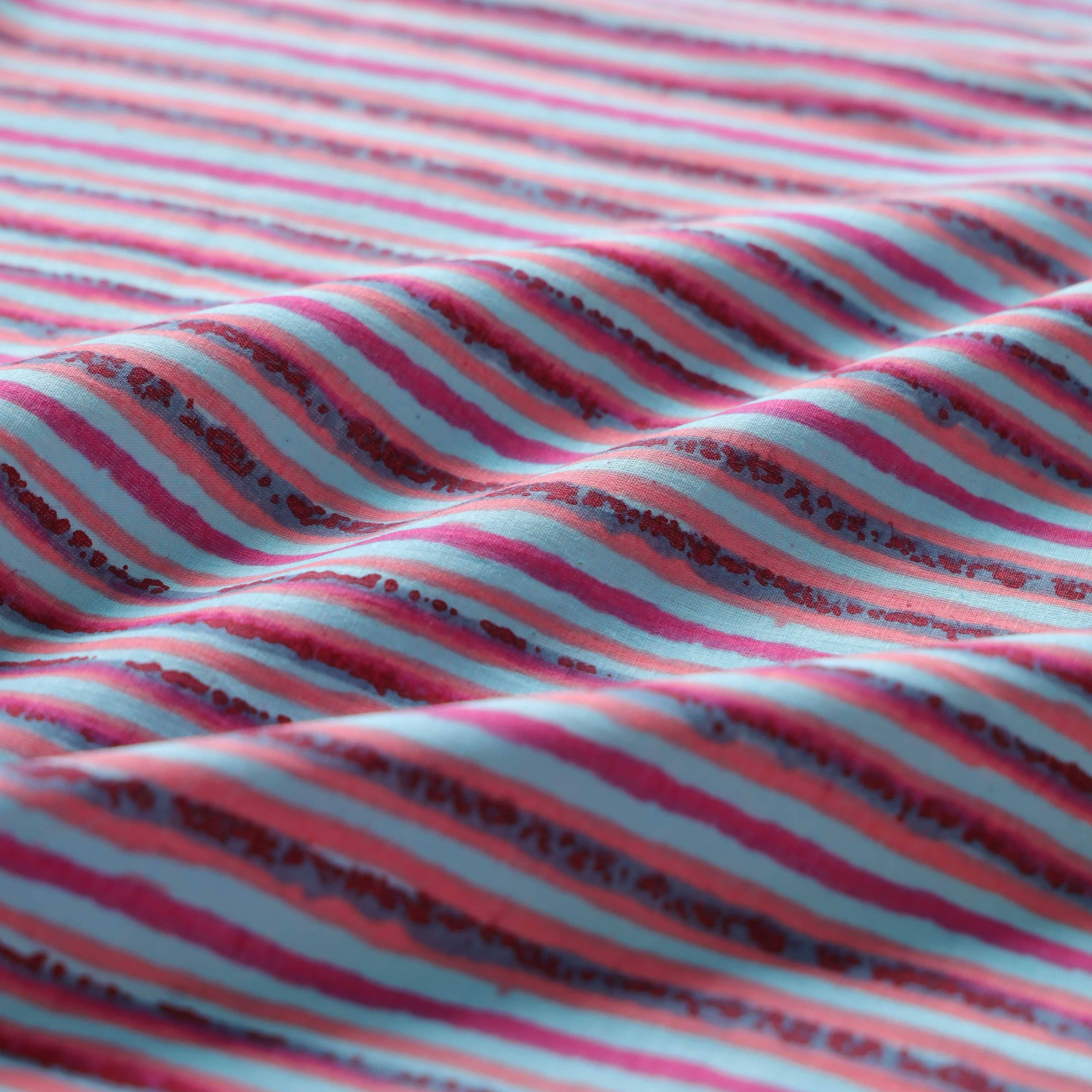 Artisan Pink & Blue Striped Cotton Fabric - Premium 42" Printed Cotton