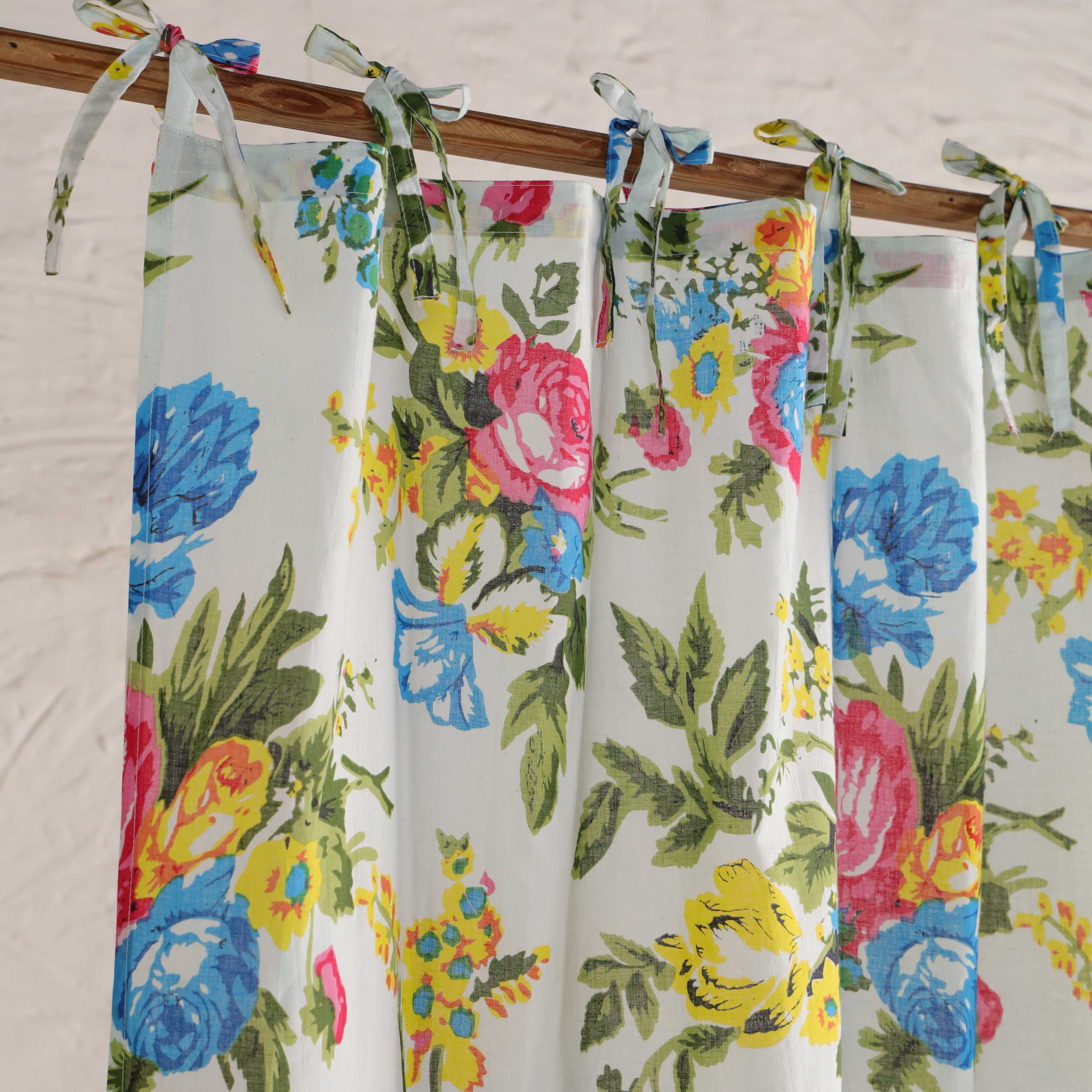 English Country Garden Floral Cotton Curtain – Single Panel Tie Top