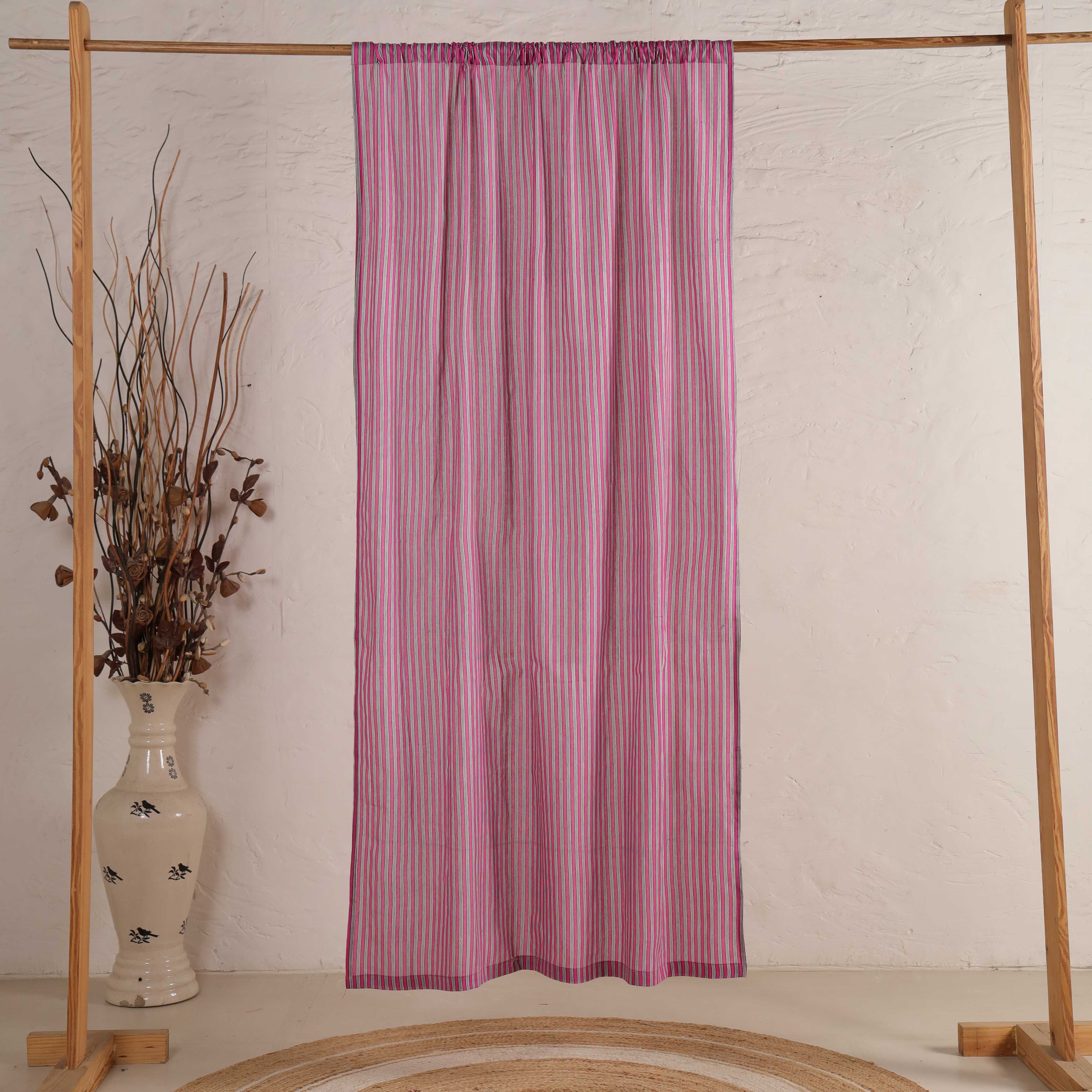 Premium 100% Cotton Magenta Striped Curtain - Single Panel - Modern Boho Vertical Stripe Window Treatment for Living Room & Bedroom
