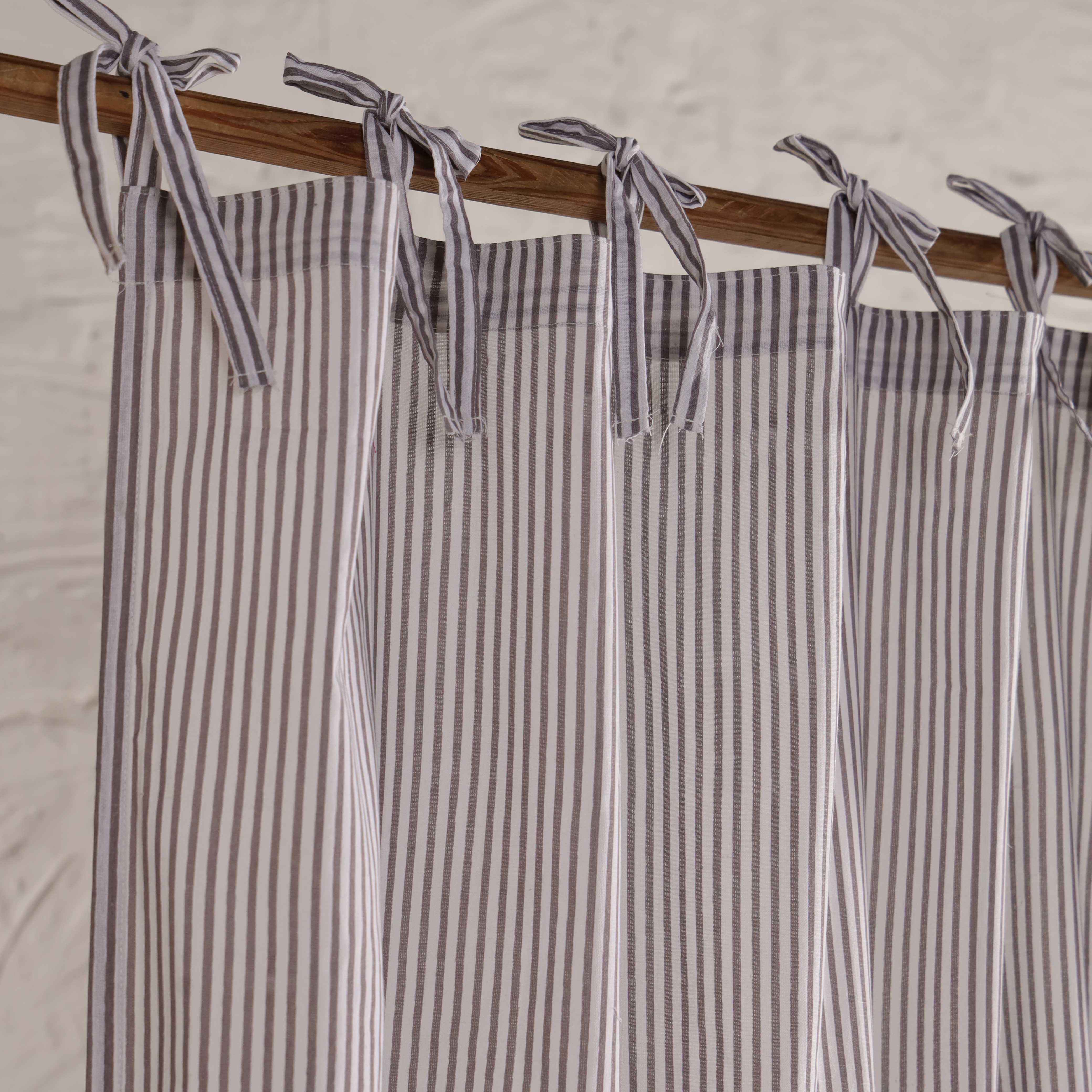 Handcrafted 100% Cotton Striped Curtain - Modern Grey Ticking Stripe Window Treatment with Tie-Top Detail (Single Panel)