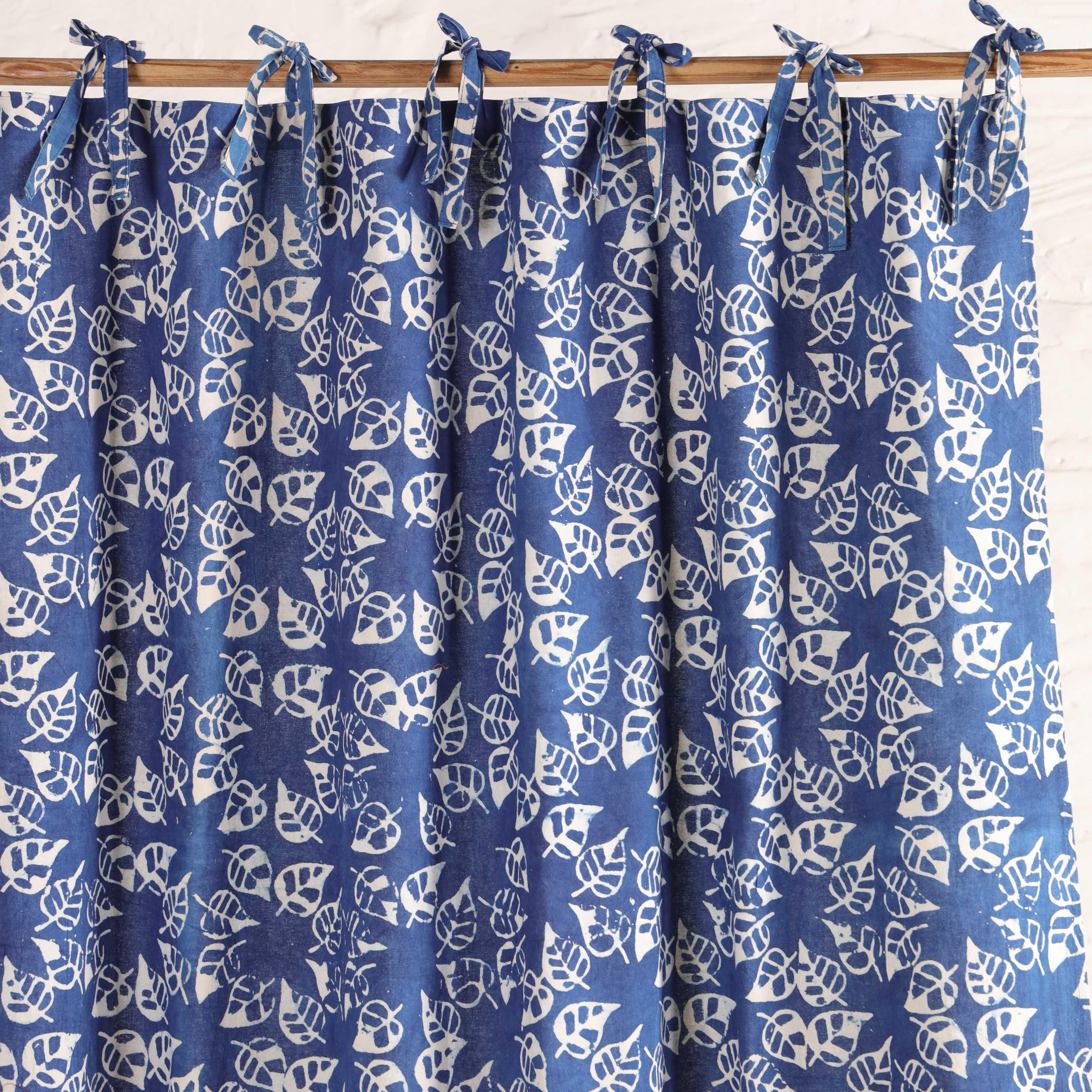 Premium 100% Cotton Botanical Leaf Print Curtain - Modern Indigo Blue & White Window Treatment with Tie-Top (Single Panel)