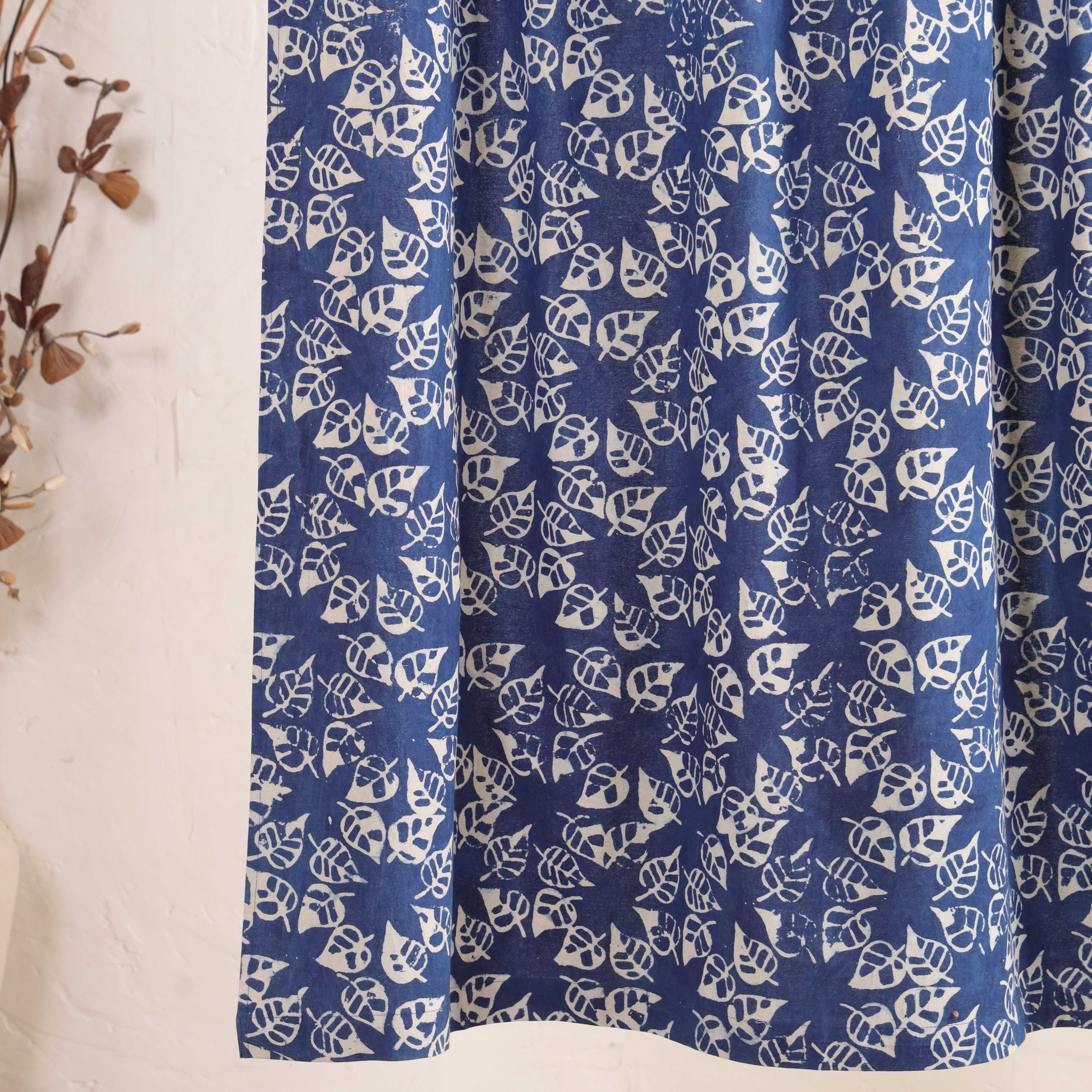 Premium 100% Cotton Botanical Leaf Print Curtain - Modern Indigo Blue & White Window Treatment with Tie-Top (Single Panel)