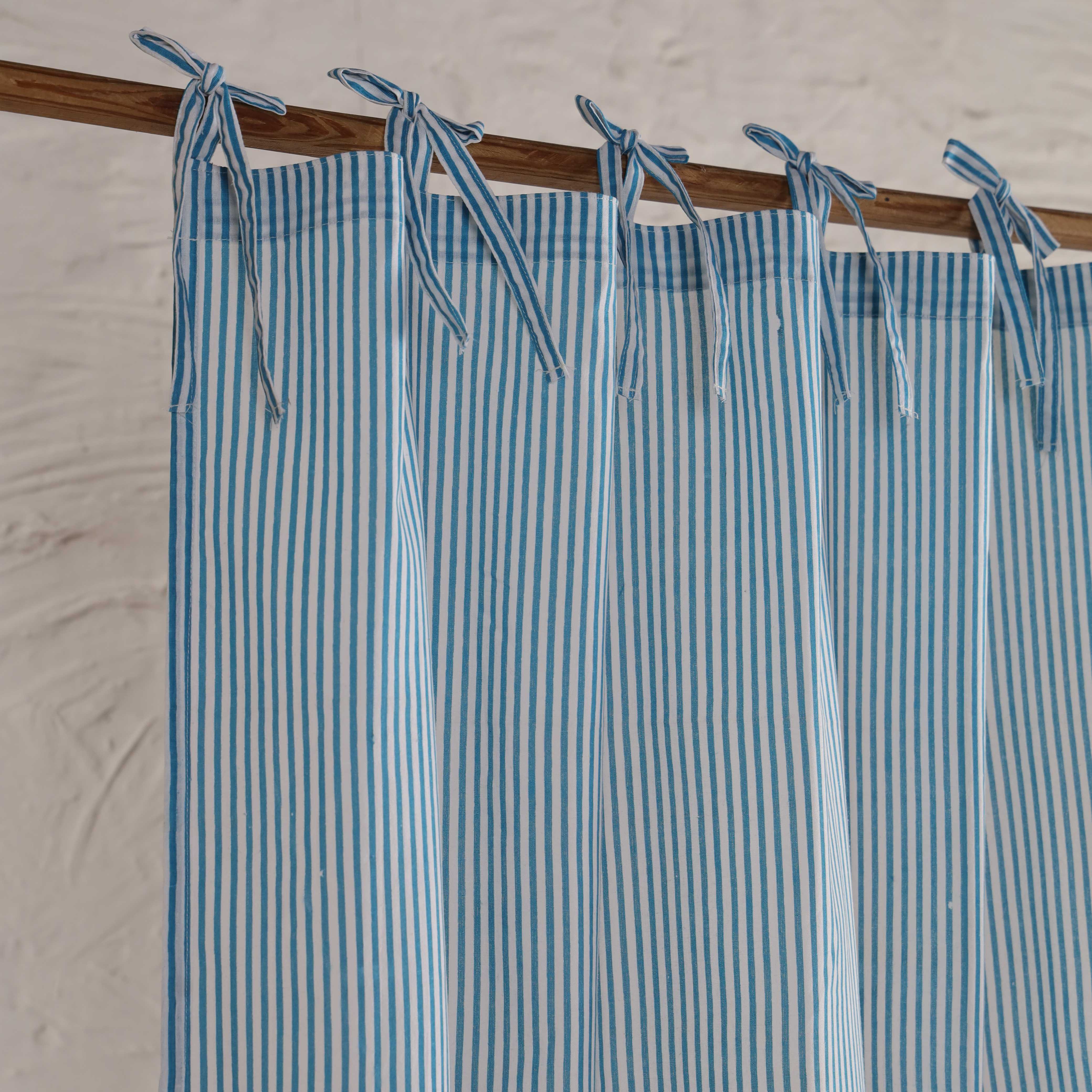 Sky Blue and White Pinstripe 100% Cotton Tie-Top Curtain - Single Panel Farmhouse Window Treatment
