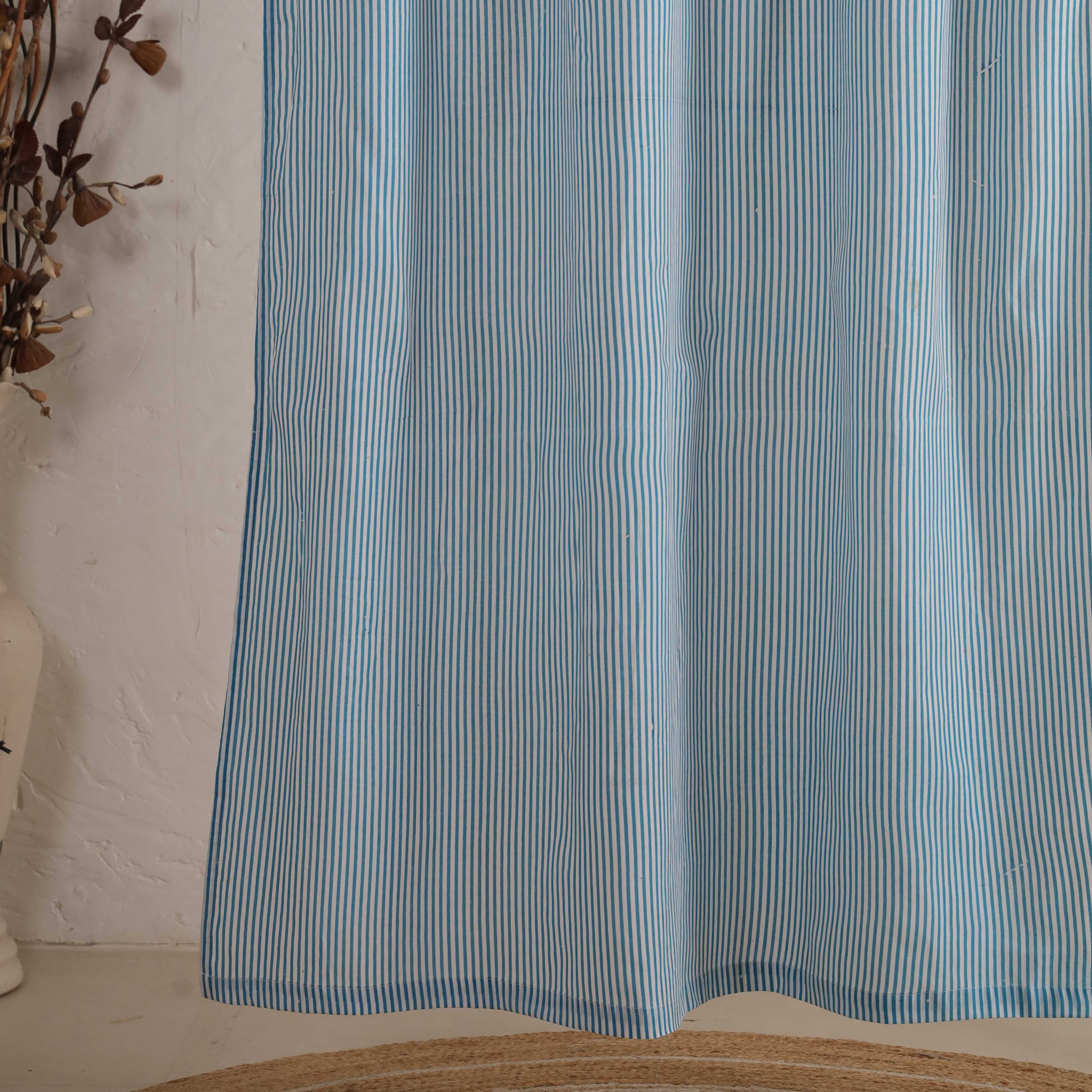 Sky Blue and White Pinstripe 100% Cotton Tie-Top Curtain - Single Panel Farmhouse Window Treatment