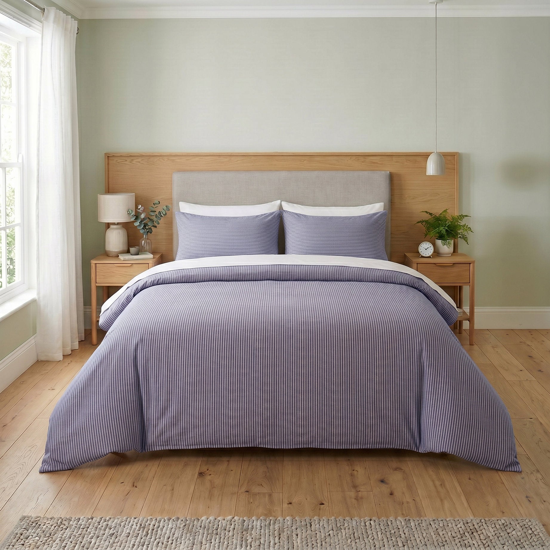 Blue Pinstripe Cotton Duvet Cover Set - Striped Coastal Bedding
