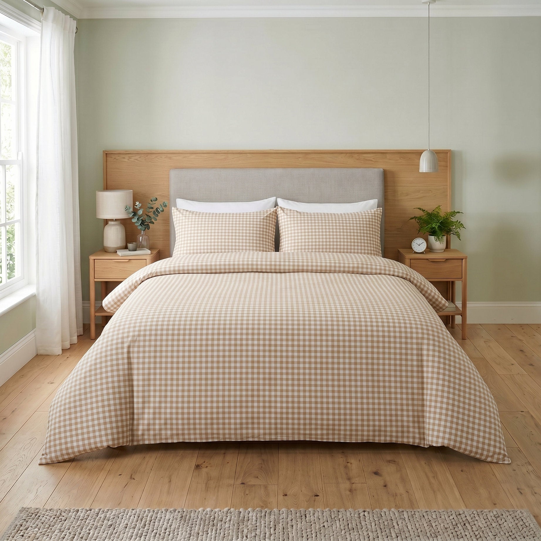 Beige Gingham Cotton Duvet Cover Set - Checkered Cottagecore Bedding