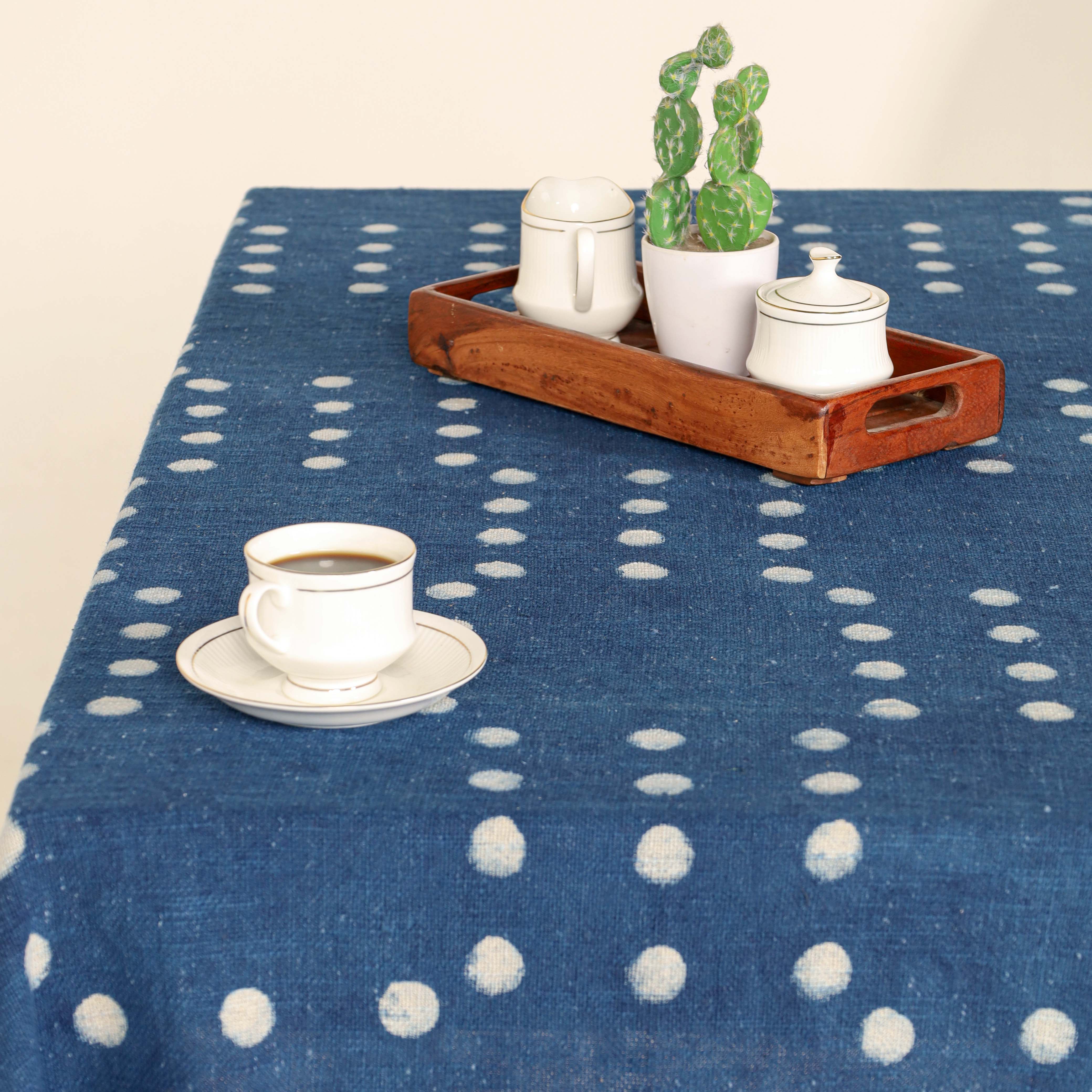 Blue White Dotted Cotton Tablecloth