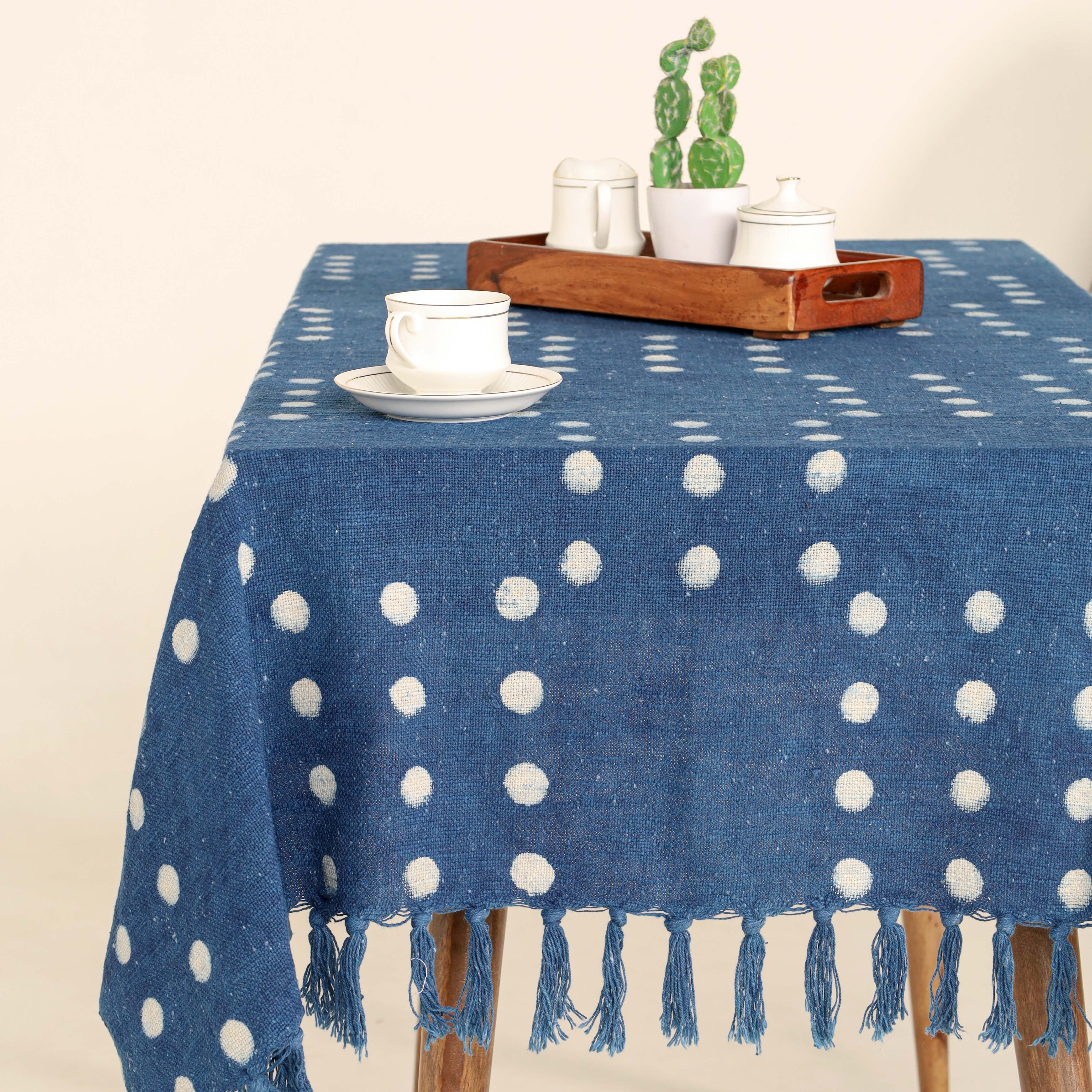 Blue White Dotted Cotton Tablecloth