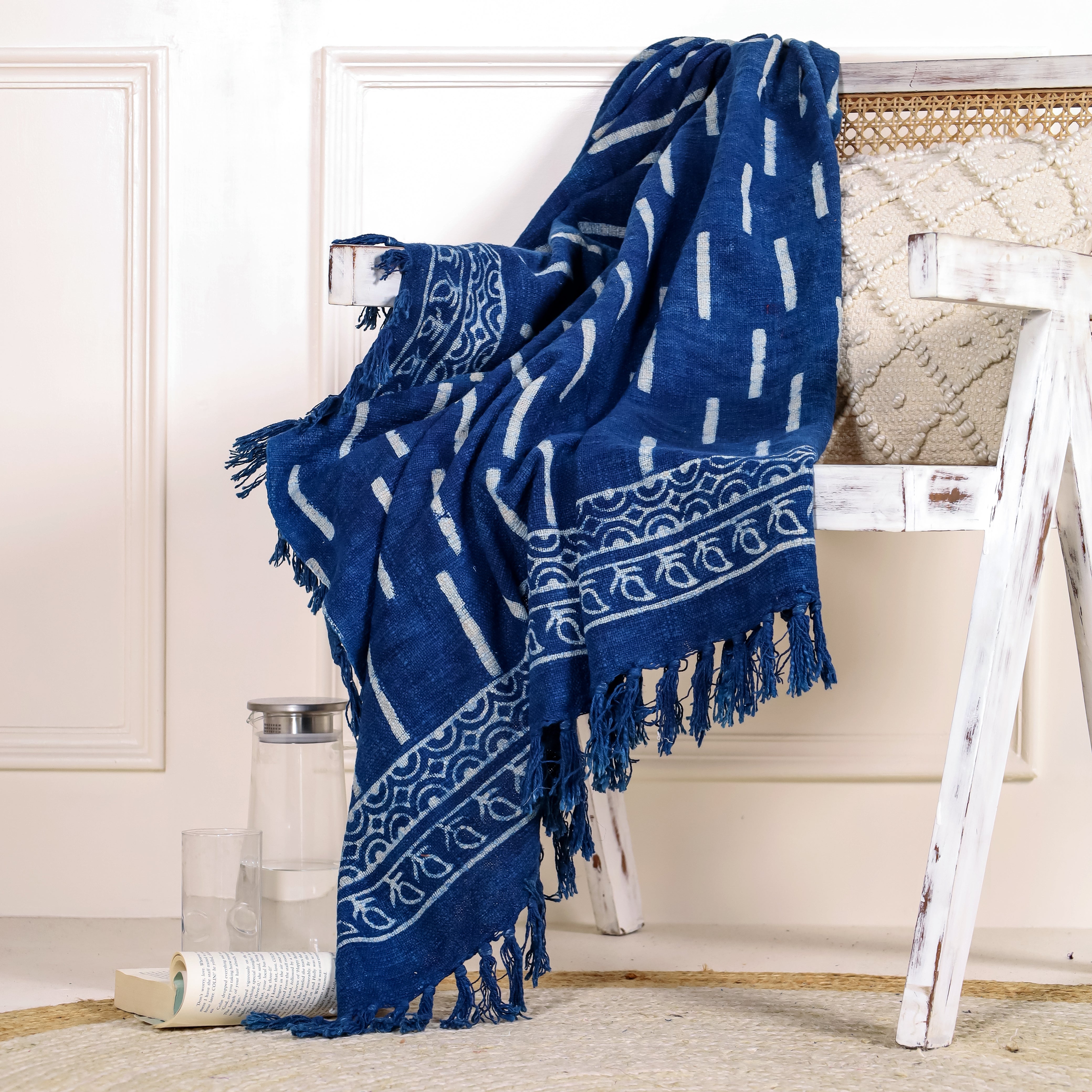 Fringed Indigo Print Throw