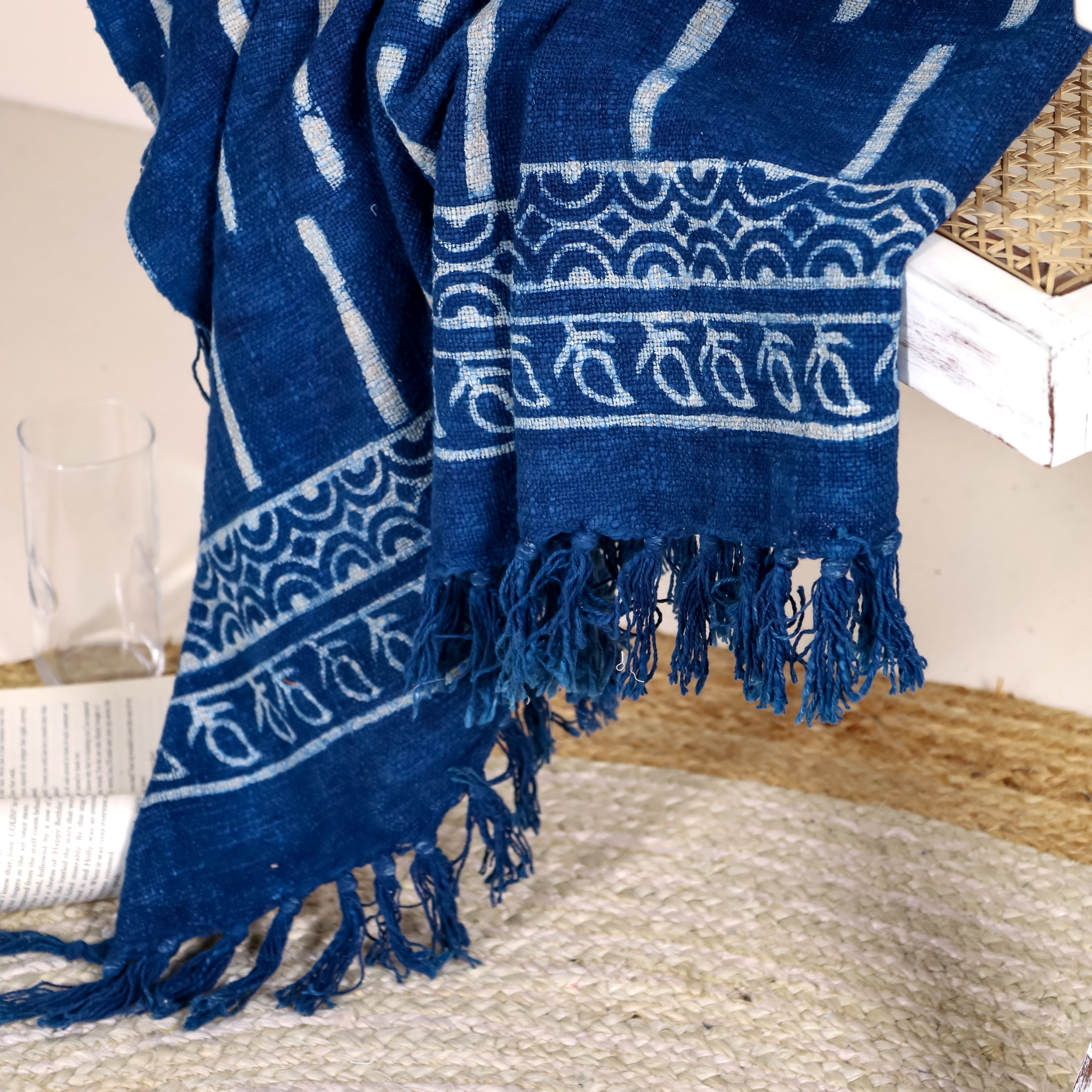 Fringed Indigo Print Throw
