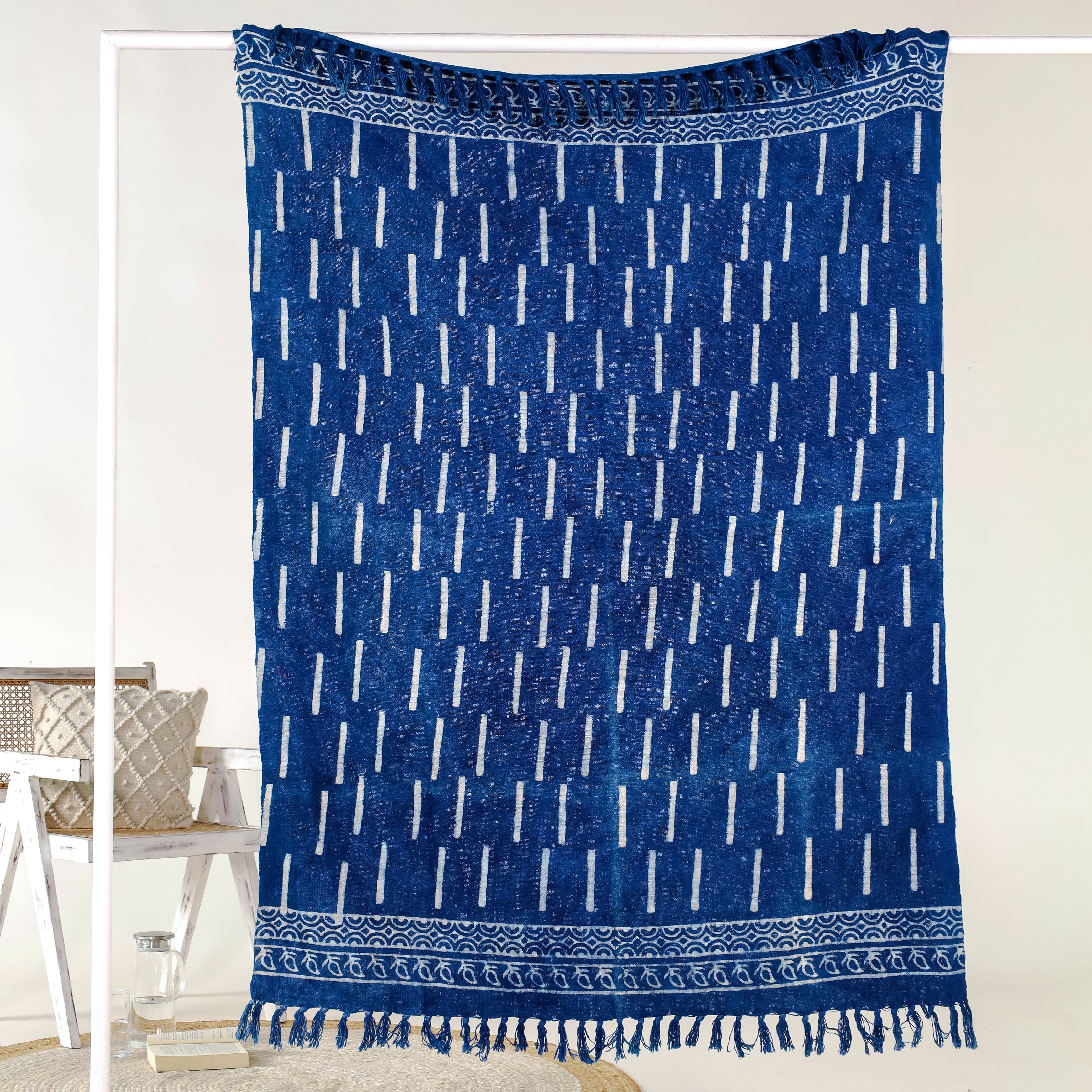 Fringed Indigo Print Throw