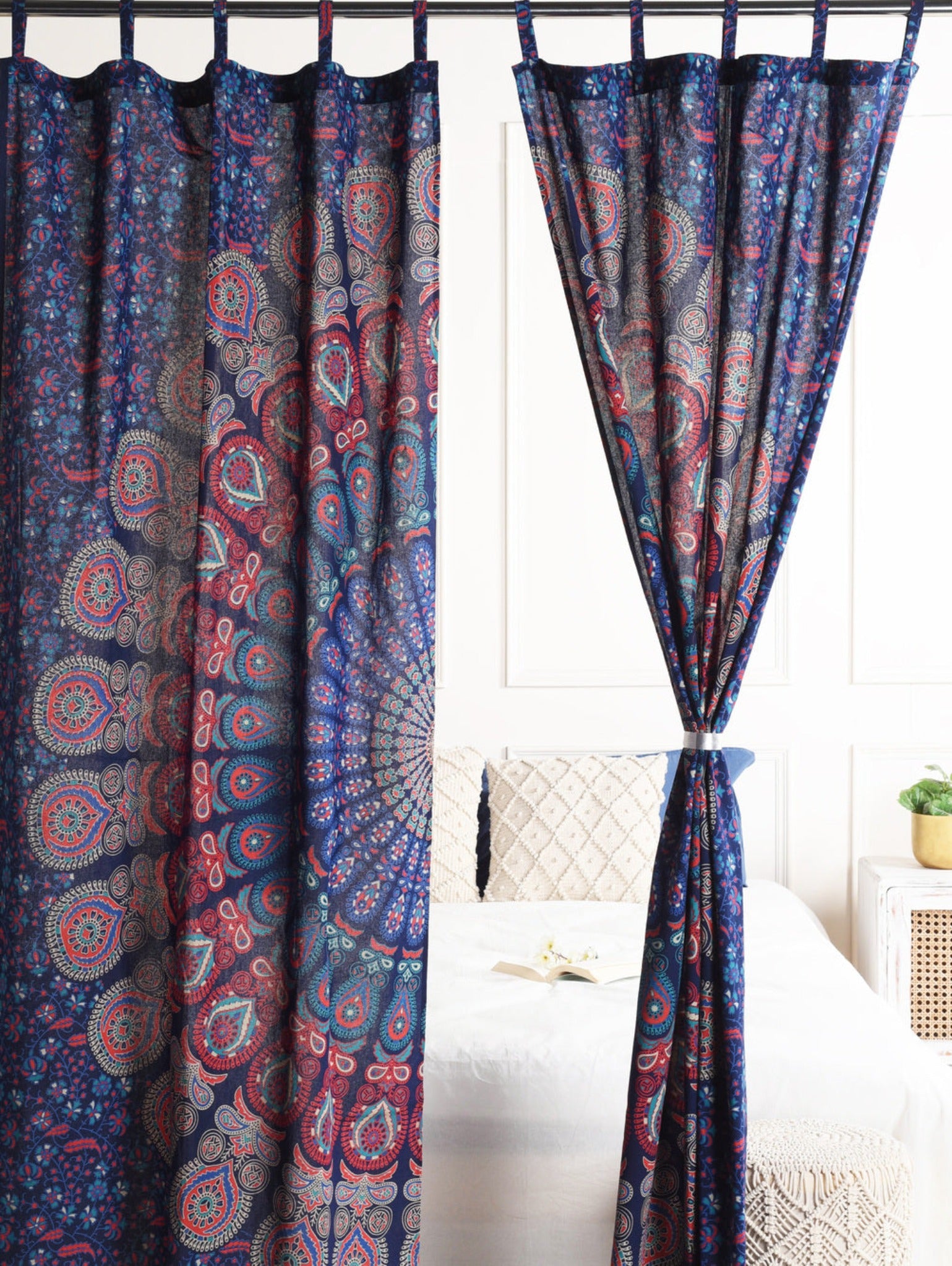Midnight Blue Peacock Pure Cotton Mandala Curtains - 2 Panel Set, image size:1539x2048
