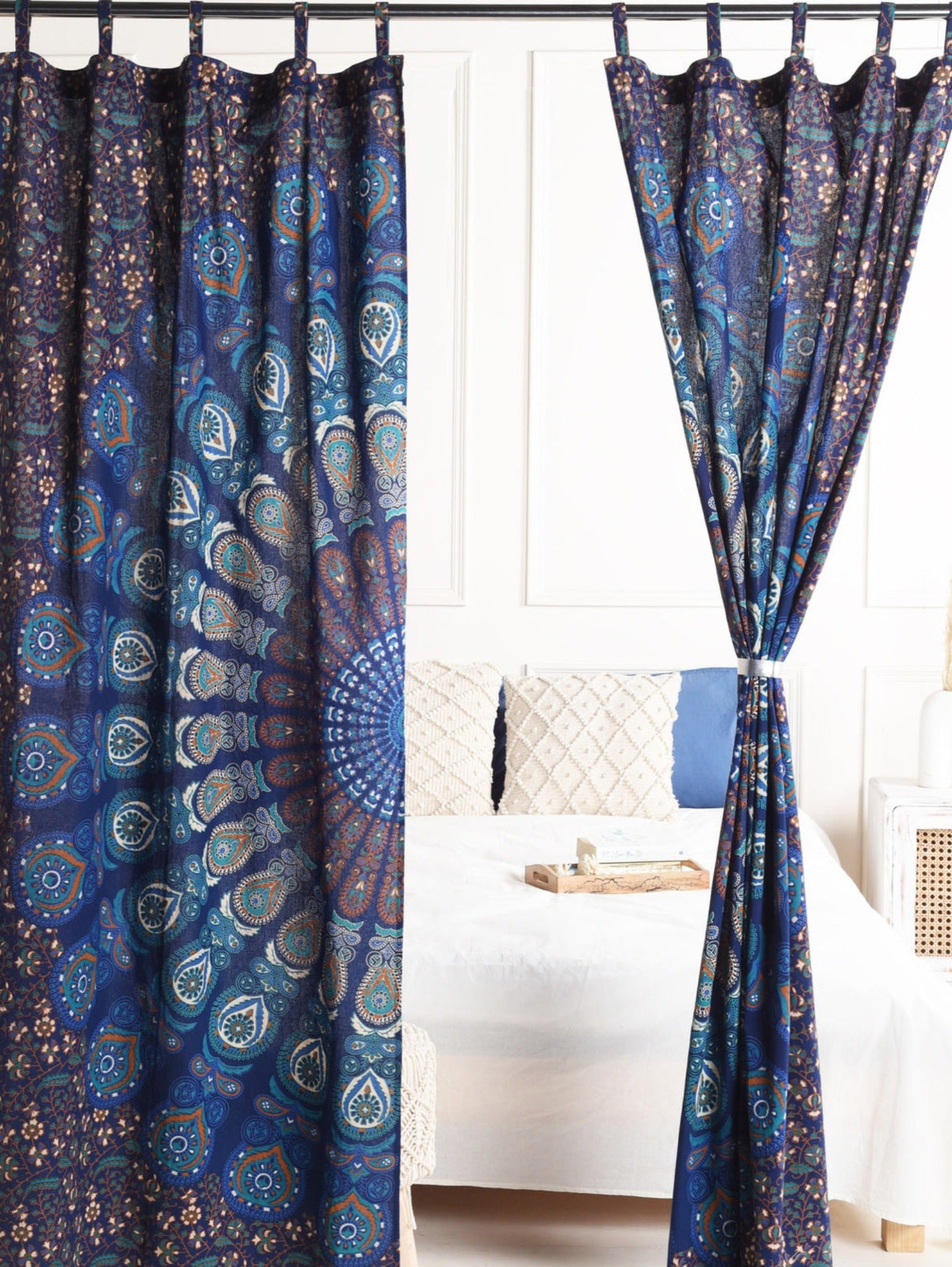 Bright Blue Peacock Pure Cotton Mandala Curtains - 2 Panel Set