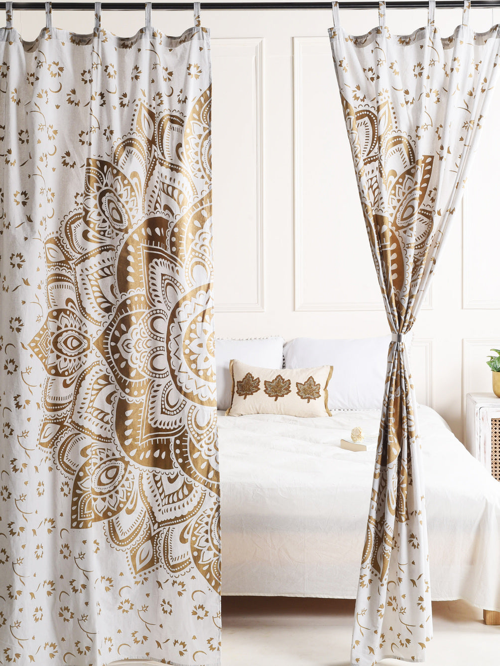 White and Gold Lotus Pure Cotton Mandala Curtains - 2 Panel Set