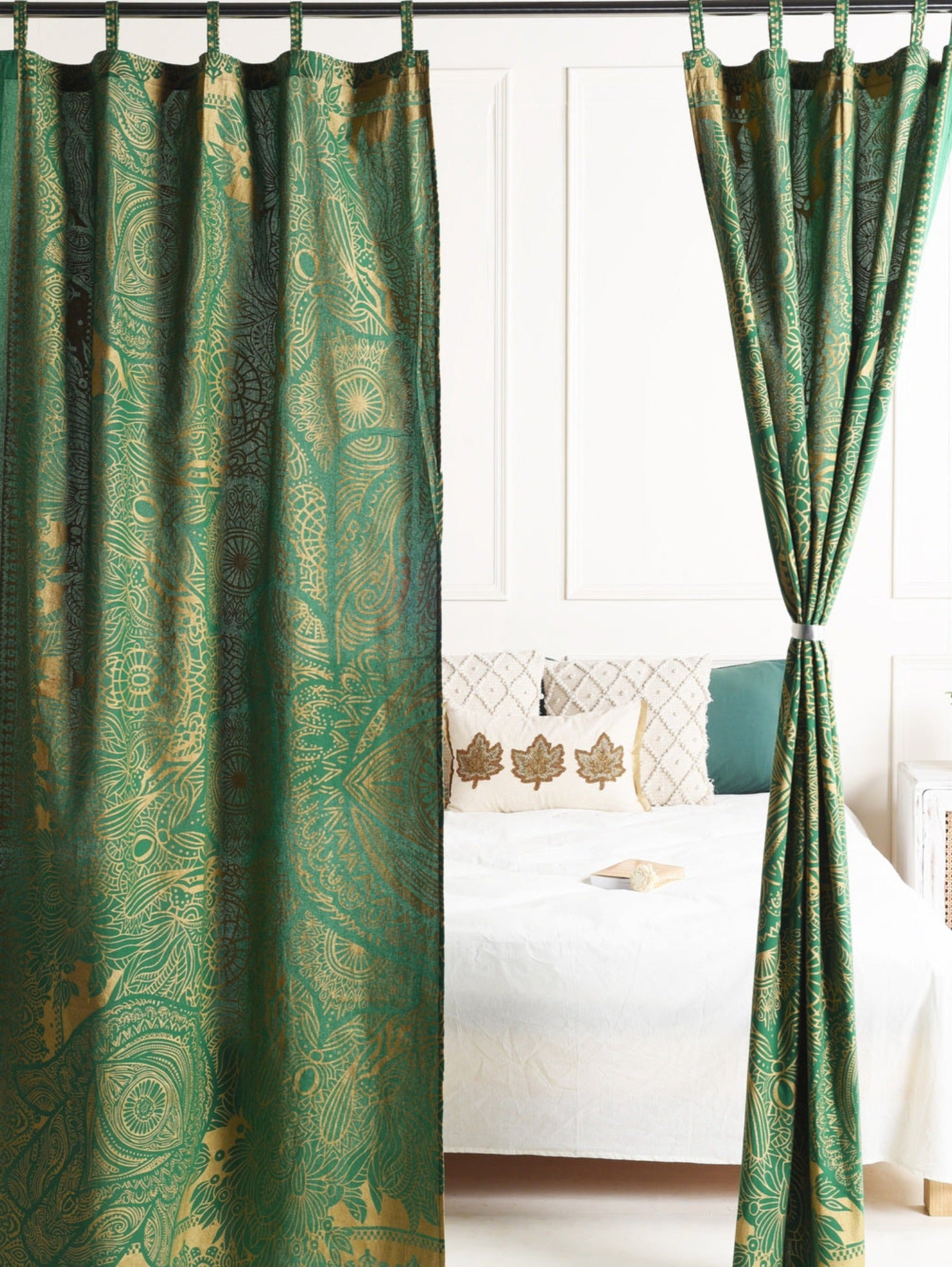 Green Abstract Pure Cotton Mandala Curtains - 2 Panel Set