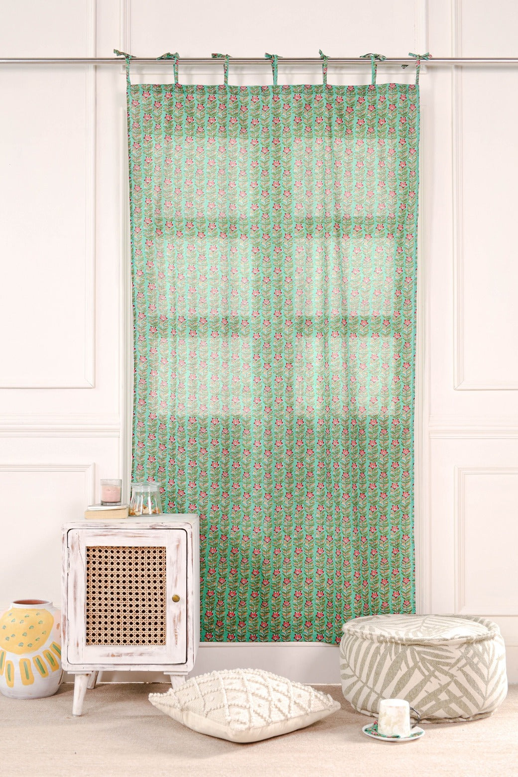 Green Ditsy Floral Printed Curtain 1 Panel Set
