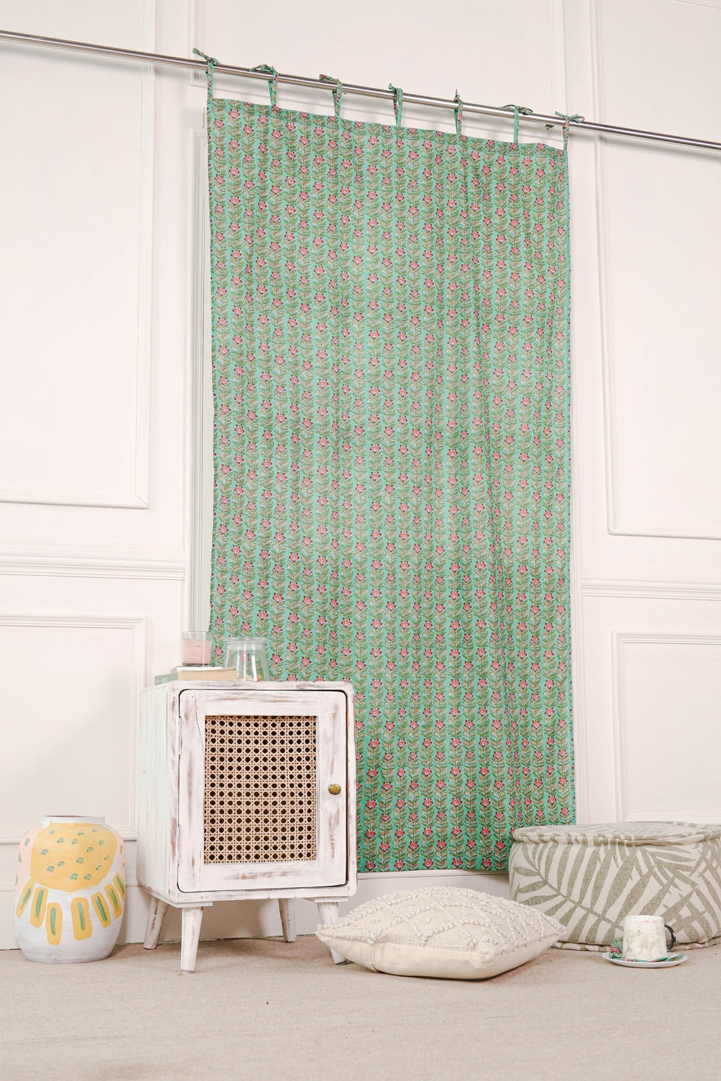 Green Ditsy Floral Printed Curtain 1 Panel Set