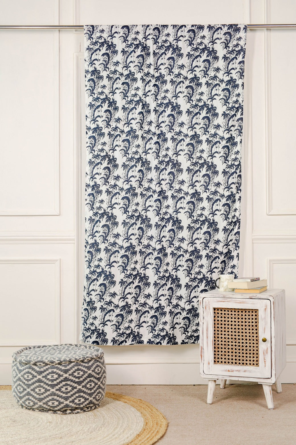 Blue Floral Printed Rod Pocket Curtain 1 Panel Set