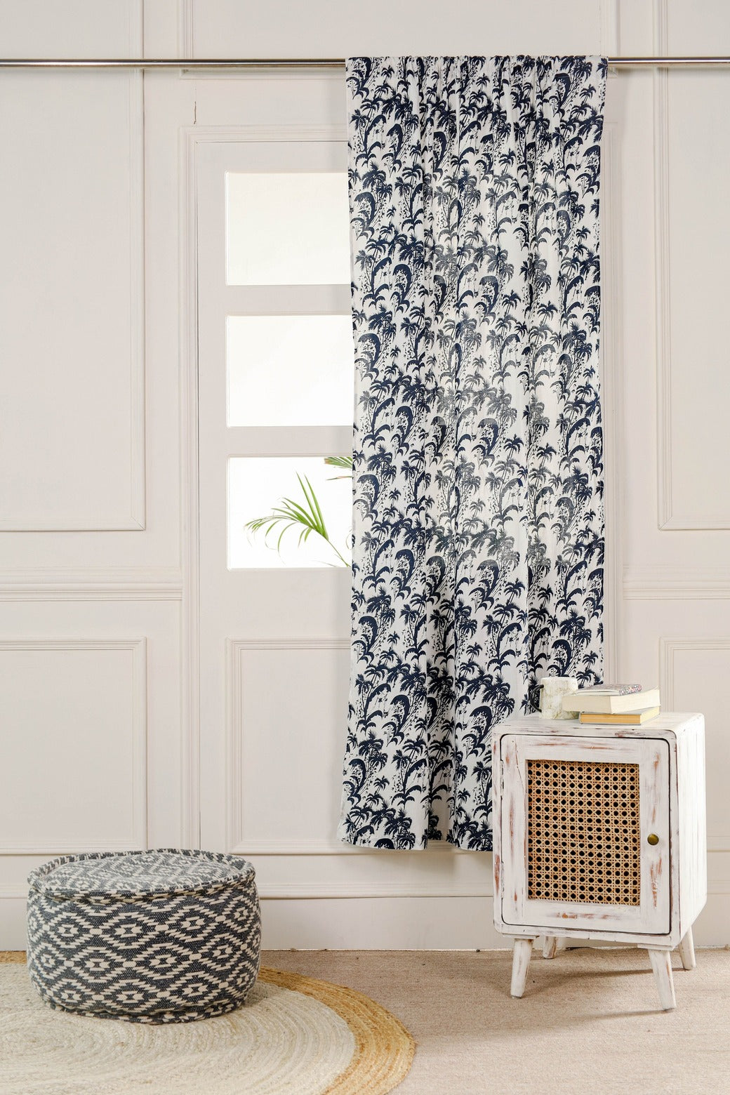Blue Floral Printed Rod Pocket Curtain 1 Panel Set
