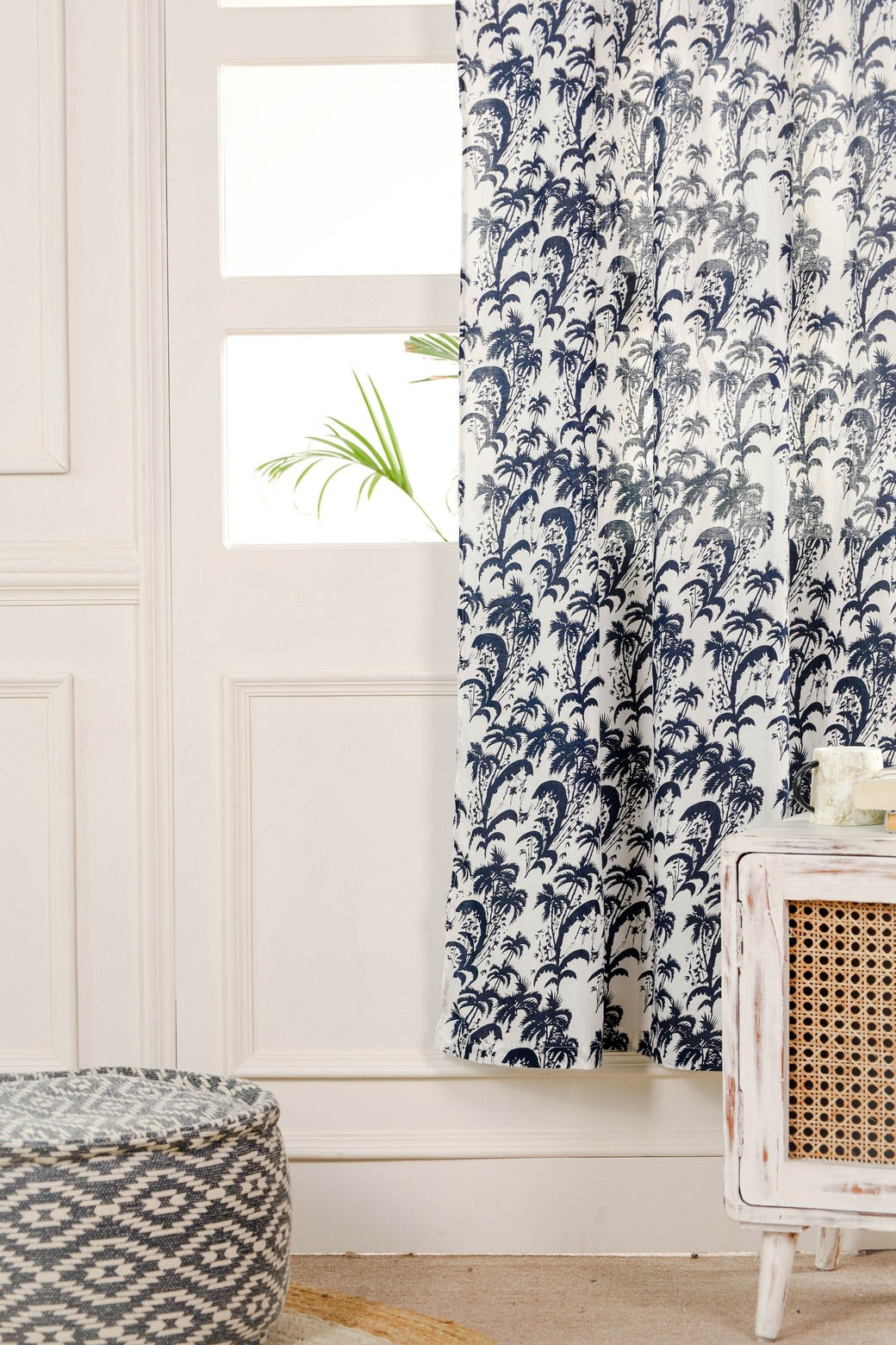 Blue Floral Printed Rod Pocket Curtain 1 Panel Set