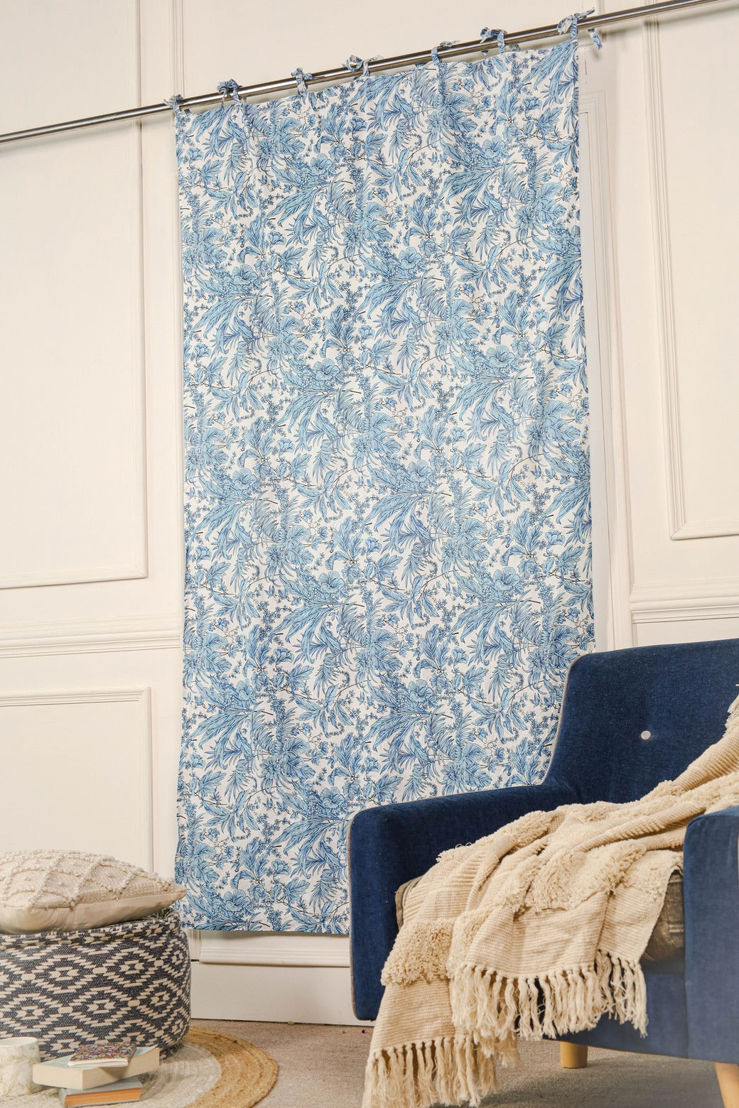 White and Blue Tropical Printed Curtain - 1 Panel Set