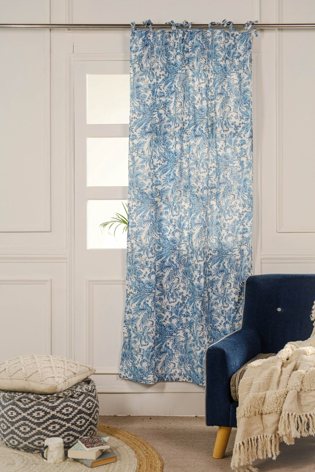 White and Blue Tropical Printed Curtain - 1 Panel Set