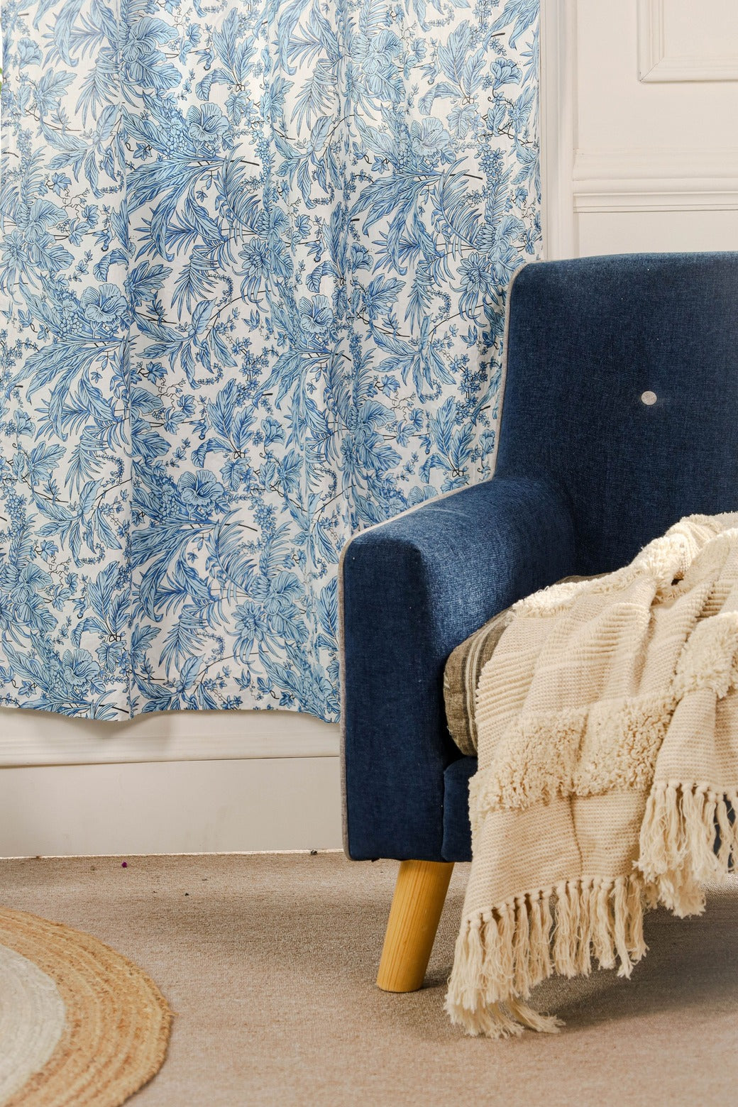 White and Blue Tropical Printed Curtain - 1 Panel Set