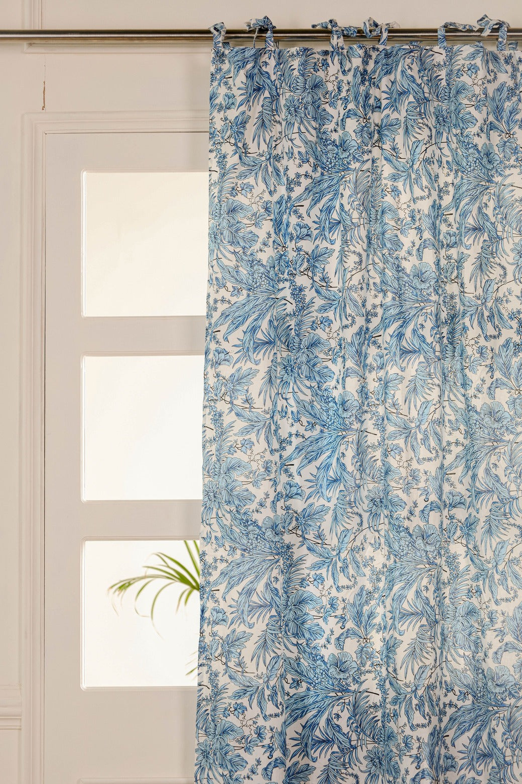 White and Blue Tropical Printed Curtain - 1 Panel Set