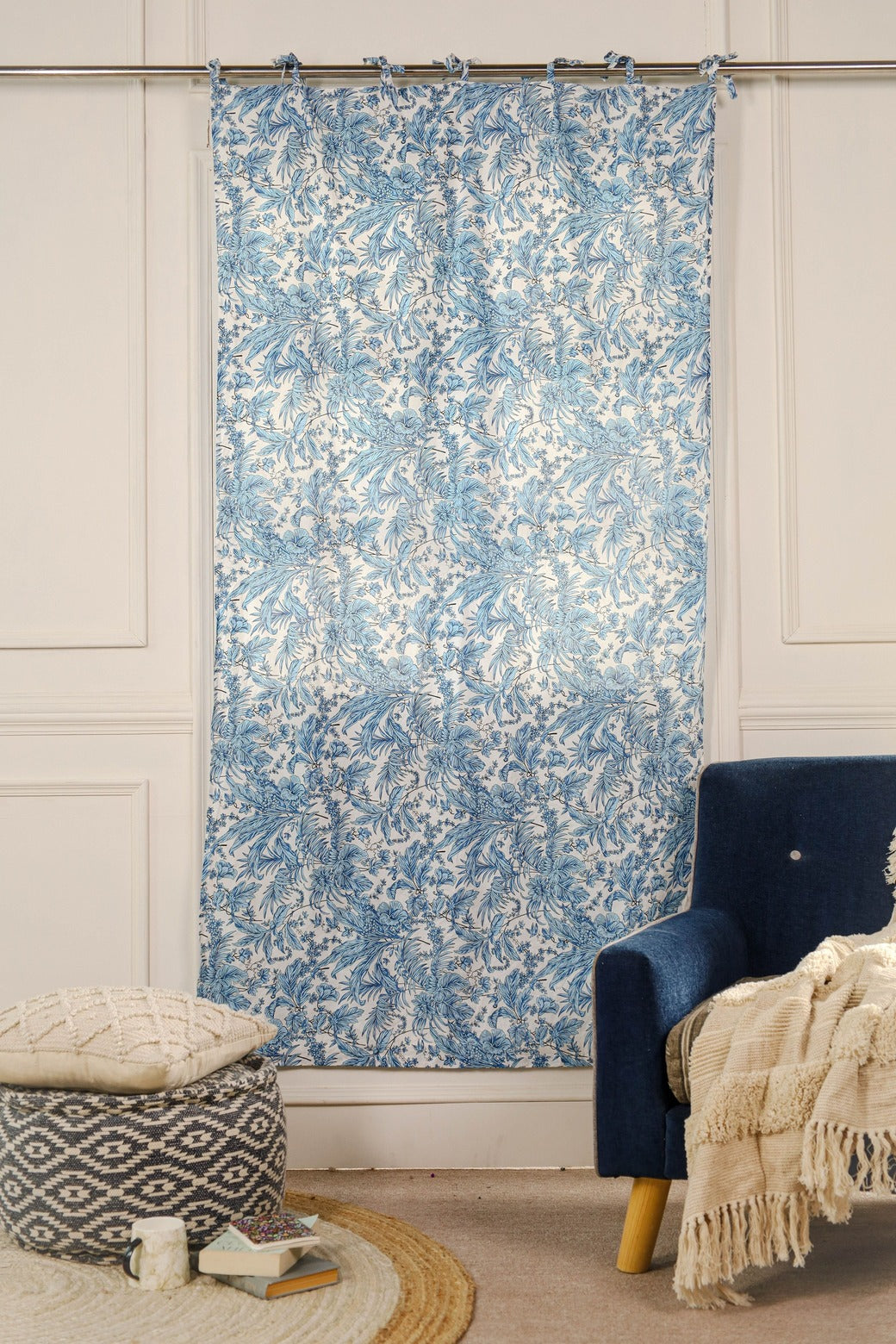 White and Blue Tropical Printed Curtain - 1 Panel Set