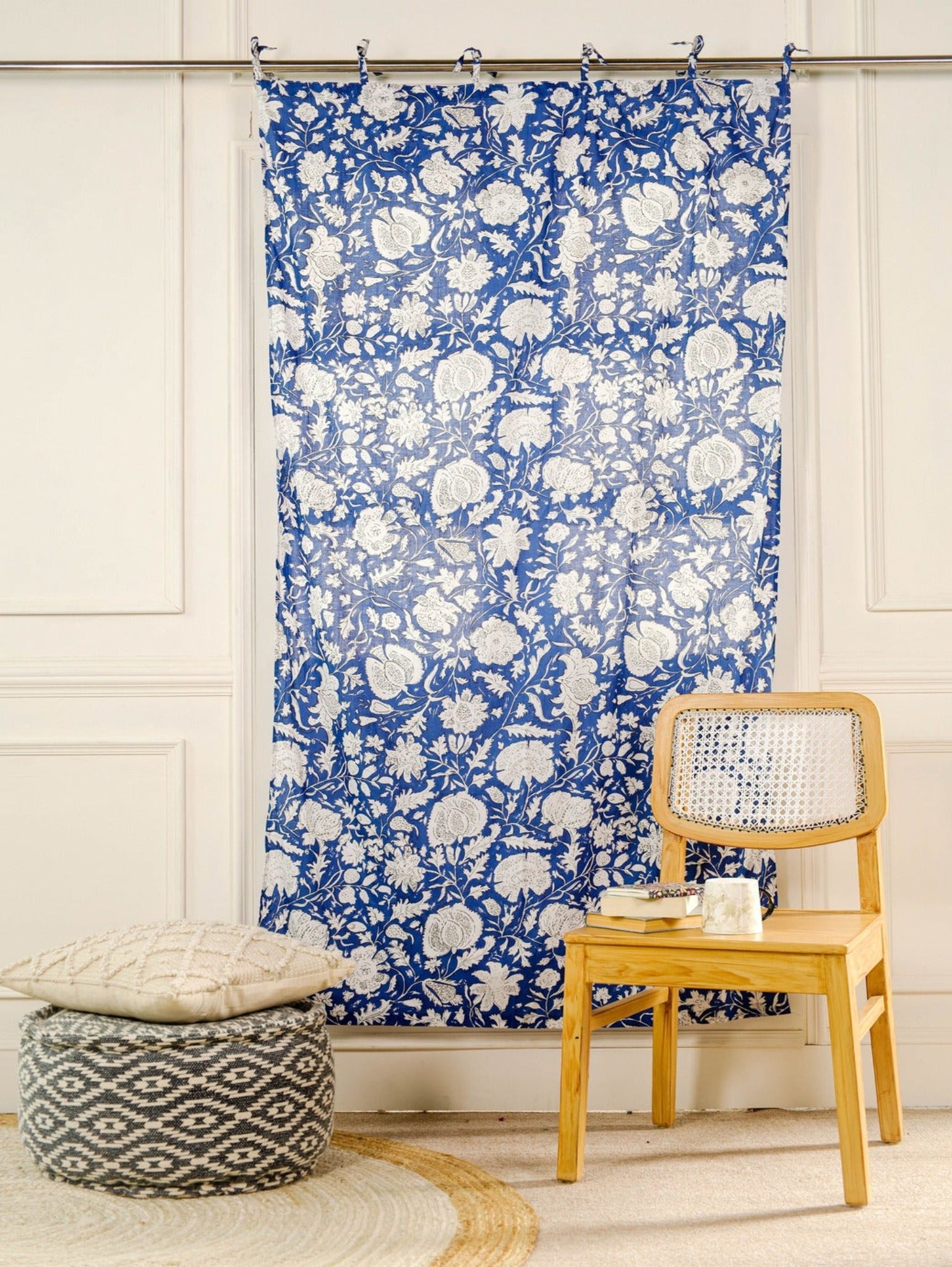 Blue and White Floral Printed Curtain - 1 Panel Set