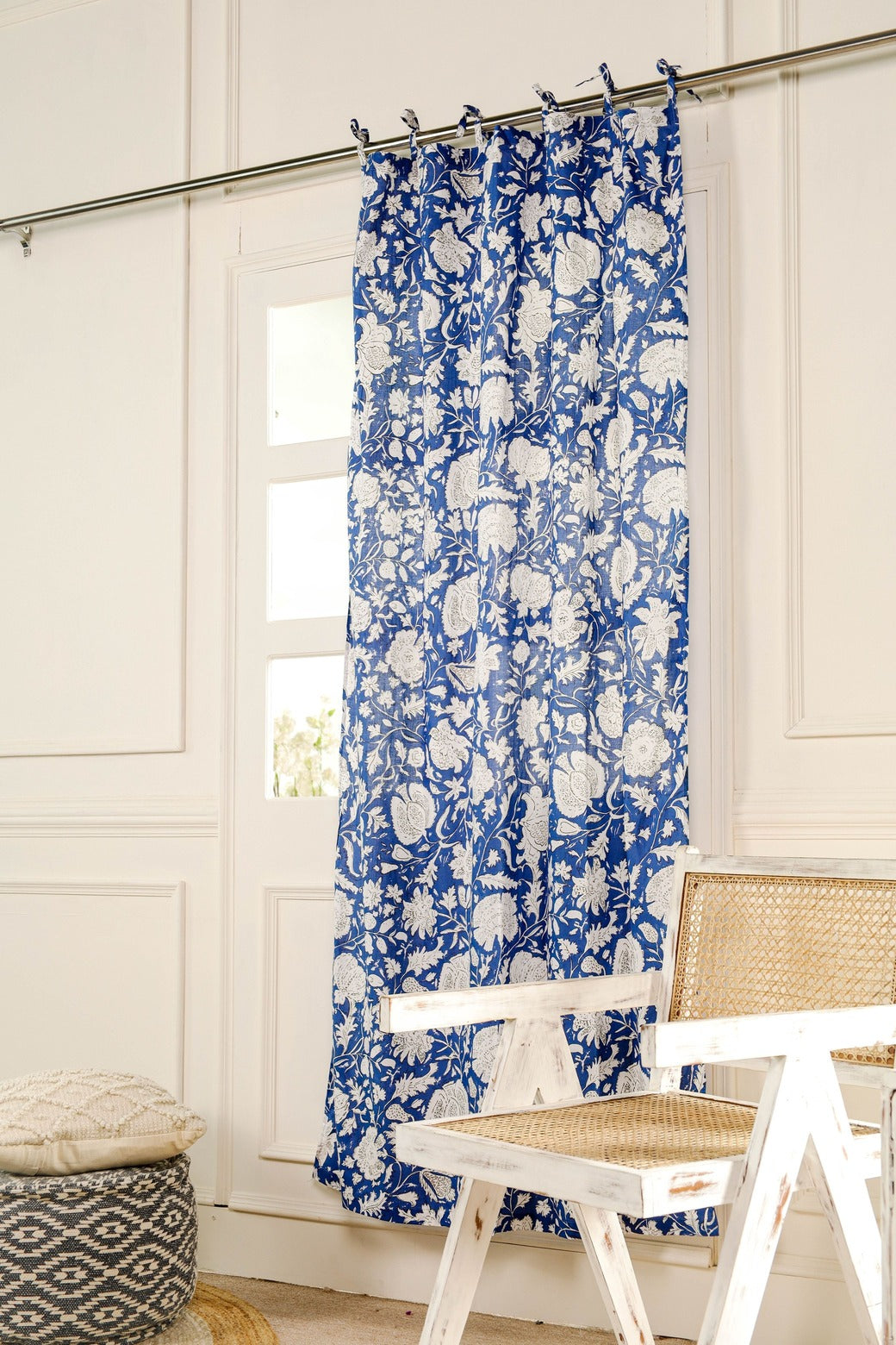 Blue and White Floral Printed Curtain - 1 Panel Set