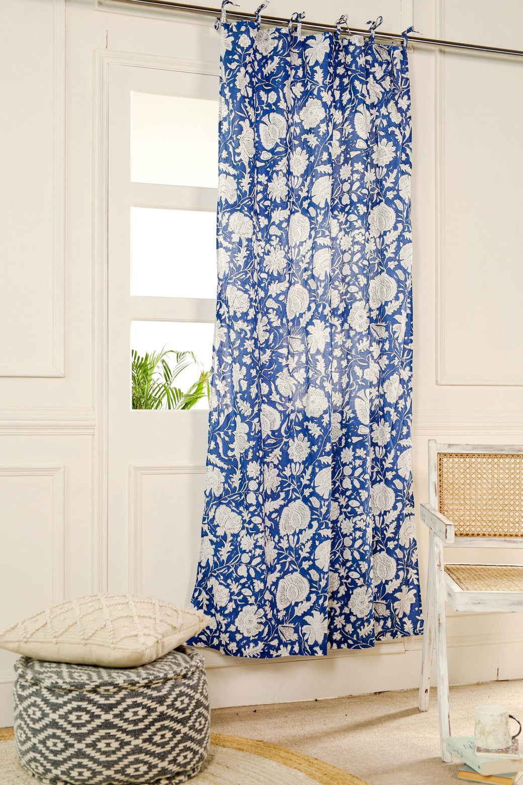 Blue and White Floral Printed Curtain - 1 Panel Set