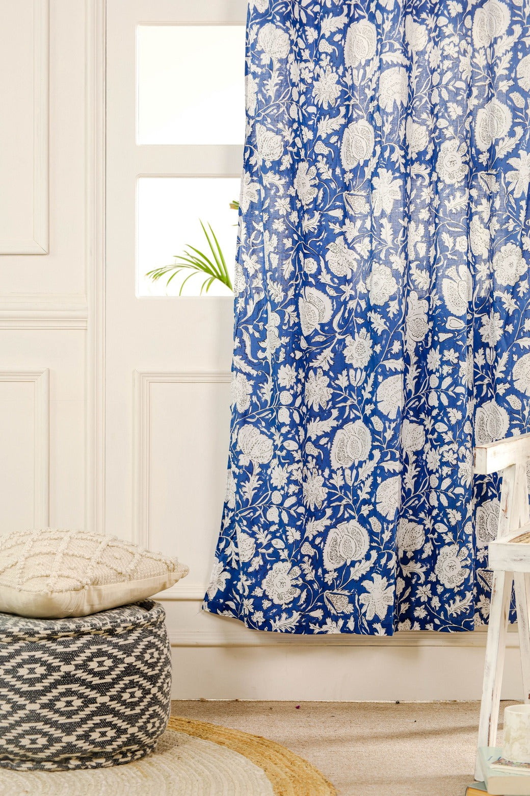 Blue and White Floral Printed Curtain - 1 Panel Set