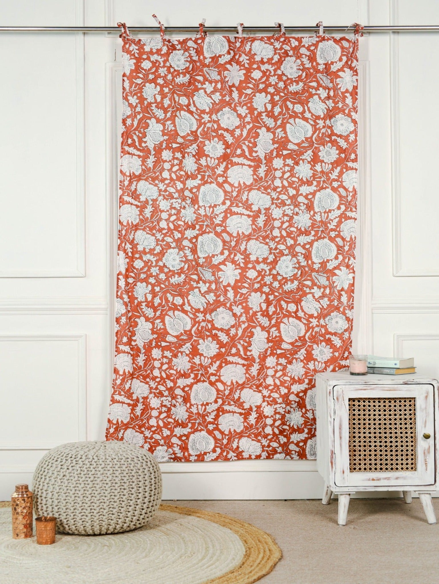 Orange and White Floral Printed Curtain 1 Panel Set
