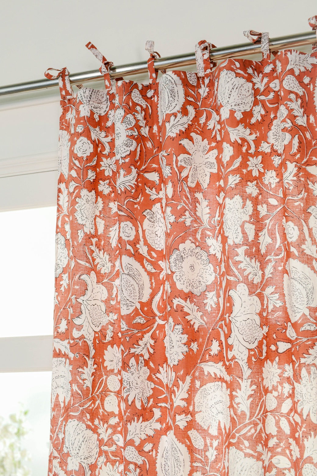 Orange and White Floral Printed Curtain 1 Panel Set