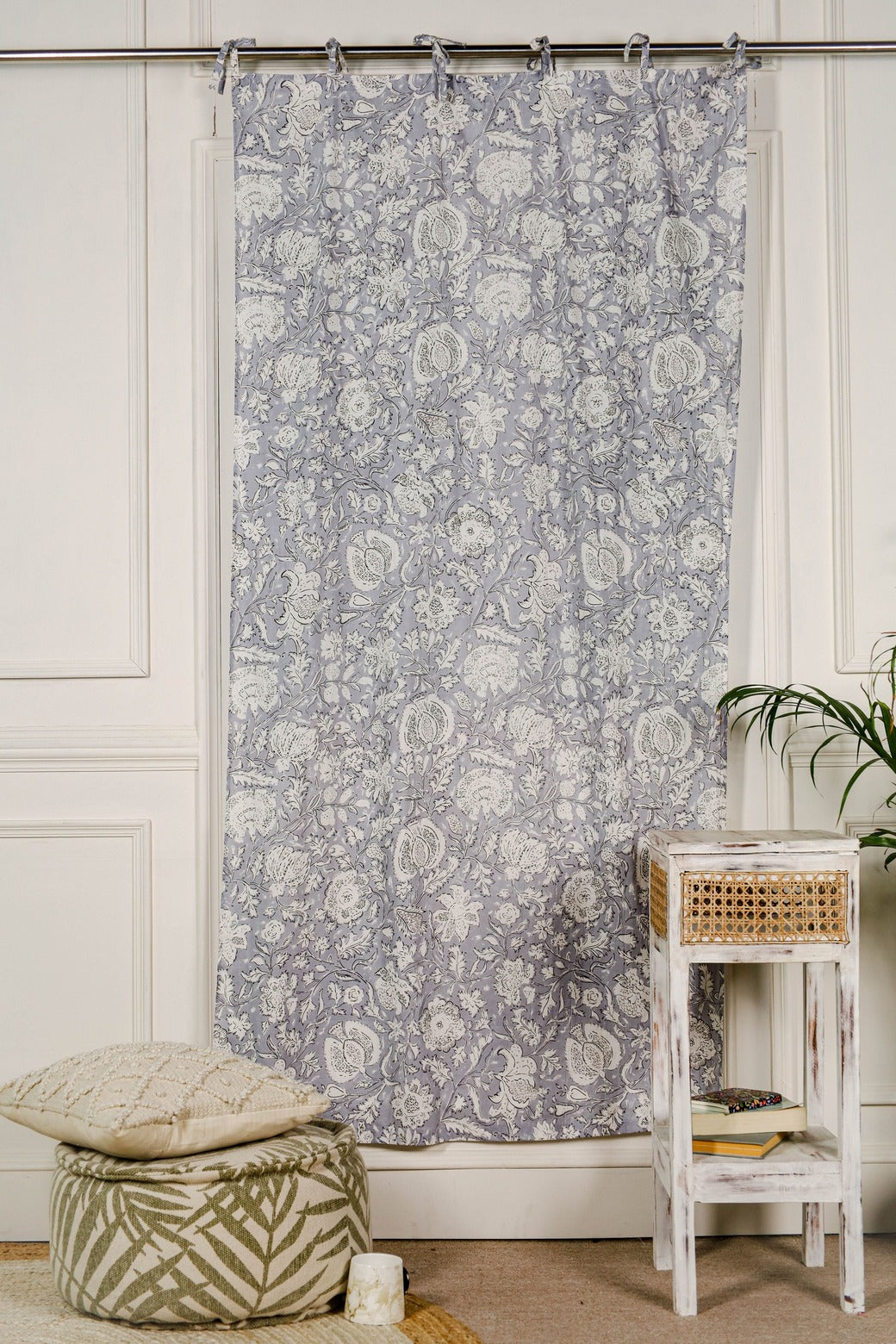 Bohemian Grey Floral Printed Curtain - 1 Panel Set