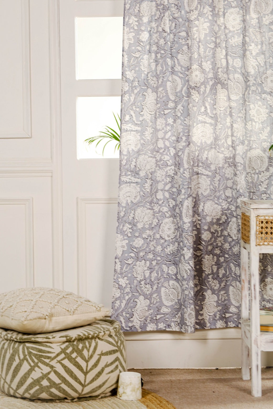 Bohemian Grey Floral Printed Curtain - 1 Panel Set