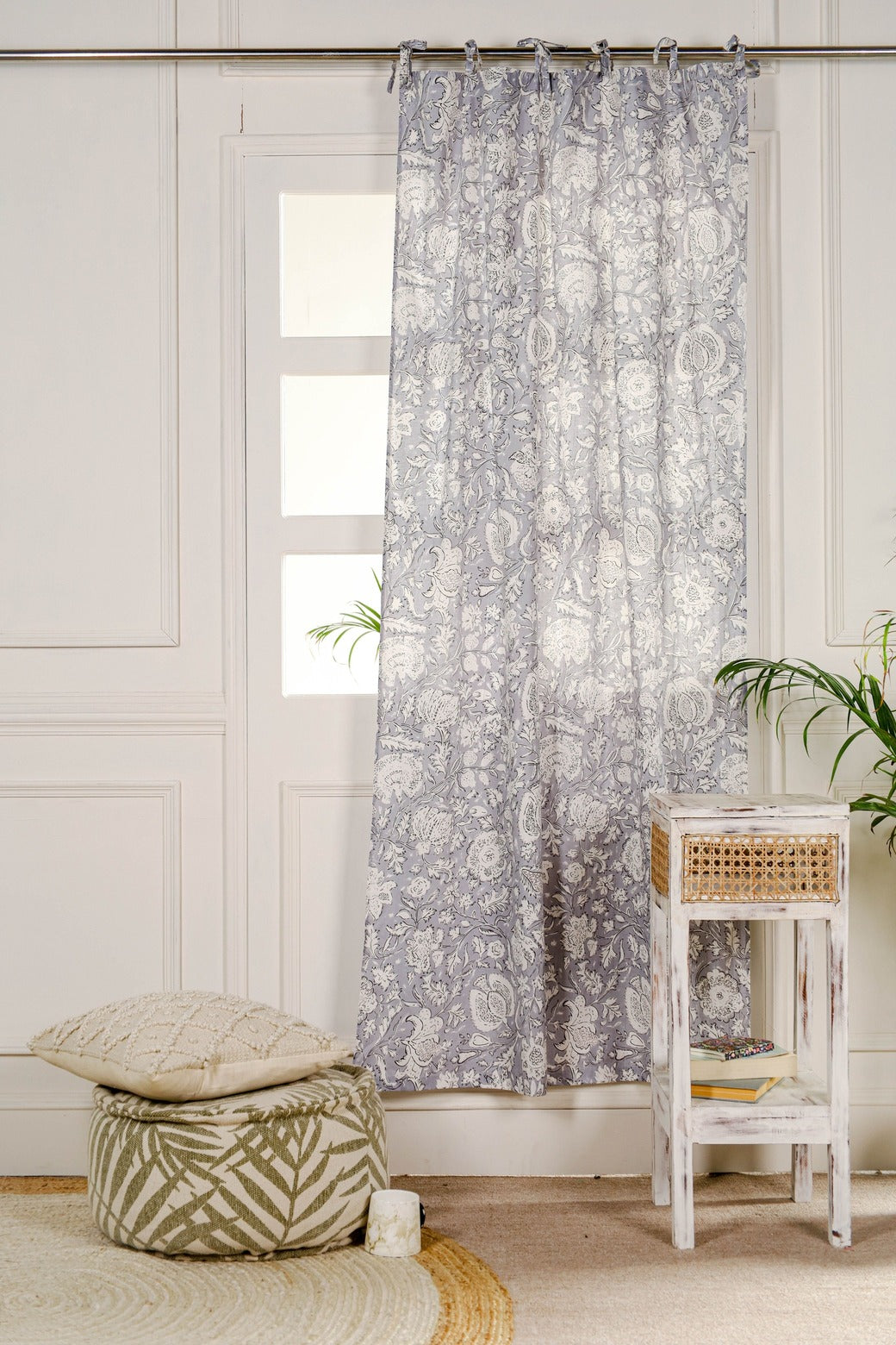 Bohemian Grey Floral Printed Curtain - 1 Panel Set