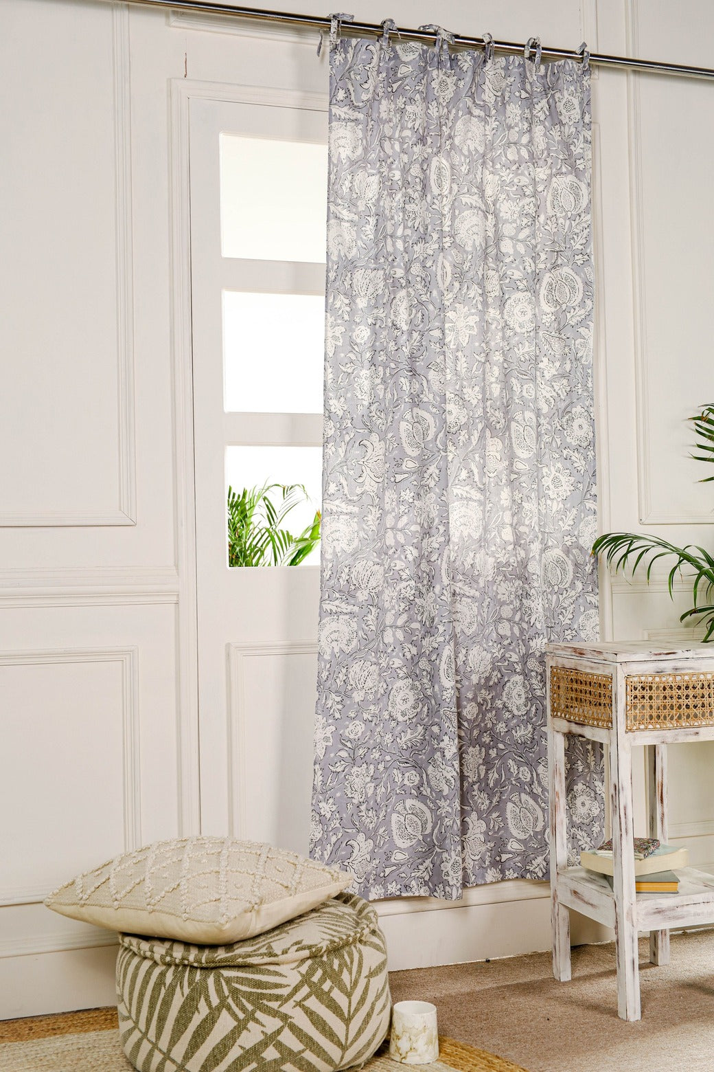 Bohemian Grey Floral Printed Curtain - 1 Panel Set