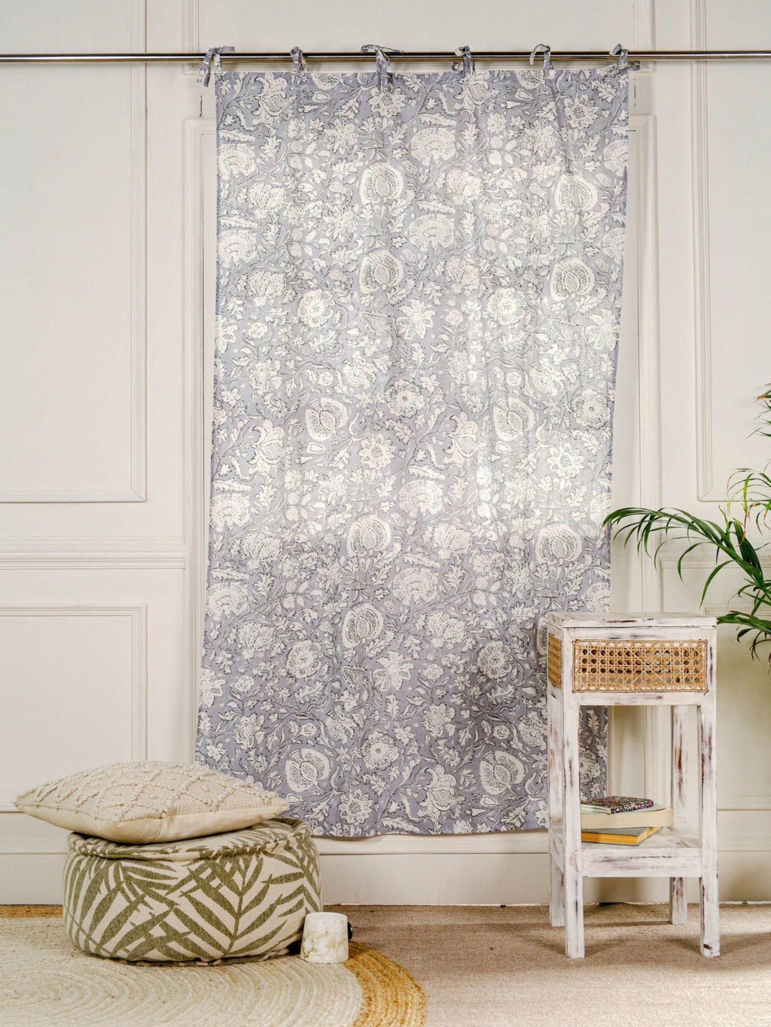 Bohemian Grey Floral Printed Curtain - 1 Panel Set