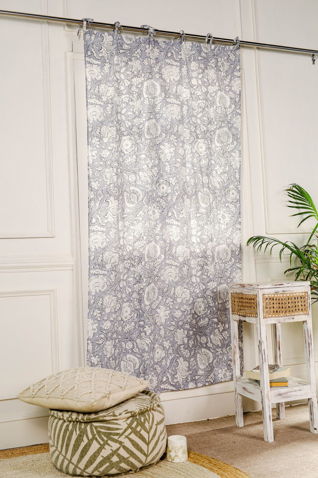 Bohemian Grey Floral Printed Curtain - 1 Panel Set