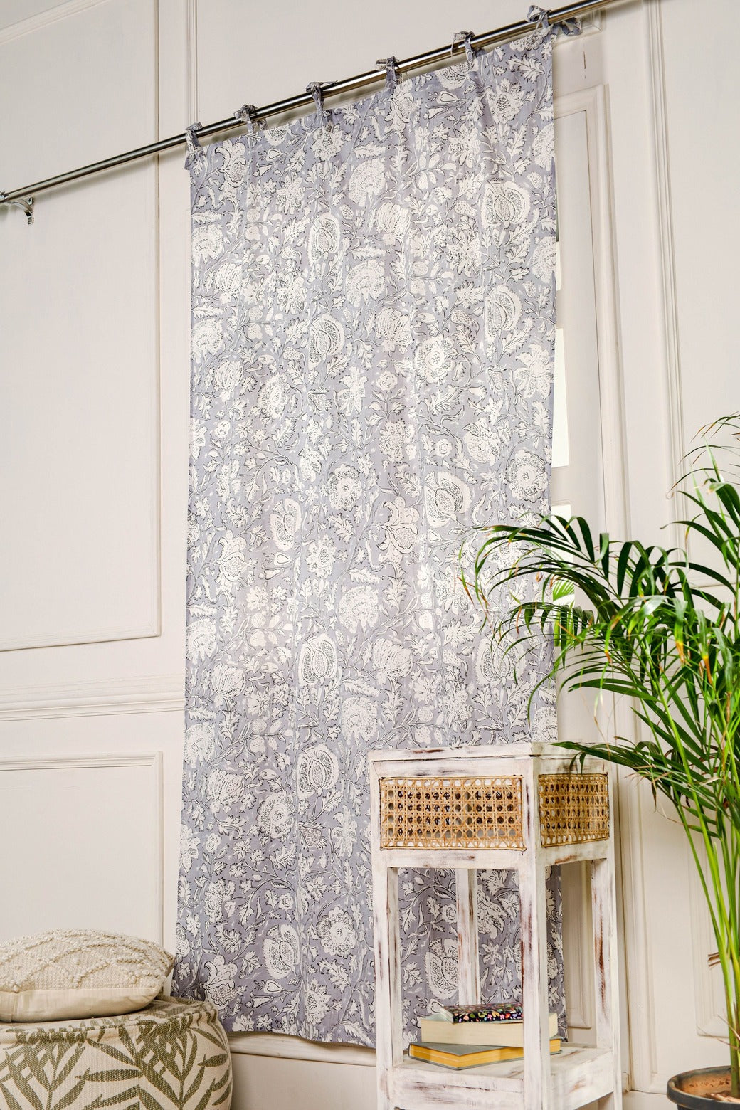 Bohemian Grey Floral Printed Curtain - 1 Panel Set