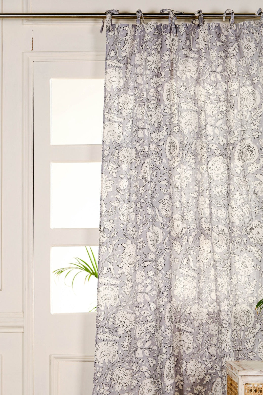 Bohemian Grey Floral Printed Curtain - 1 Panel Set