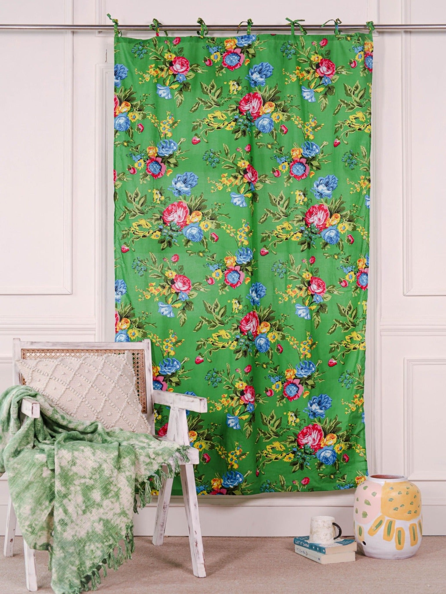 Green Color Floral Printed Curtain 1 Panel Set