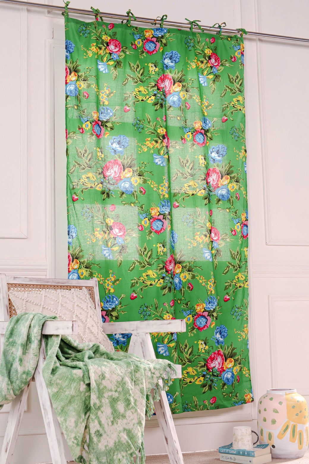 Green Color Floral Printed Curtain 1 Panel Set
