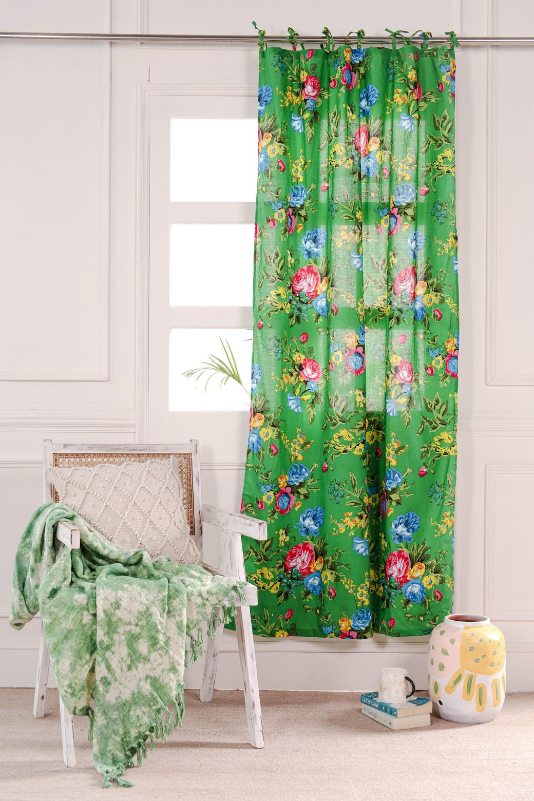 Green Color Floral Printed Curtain 1 Panel Set