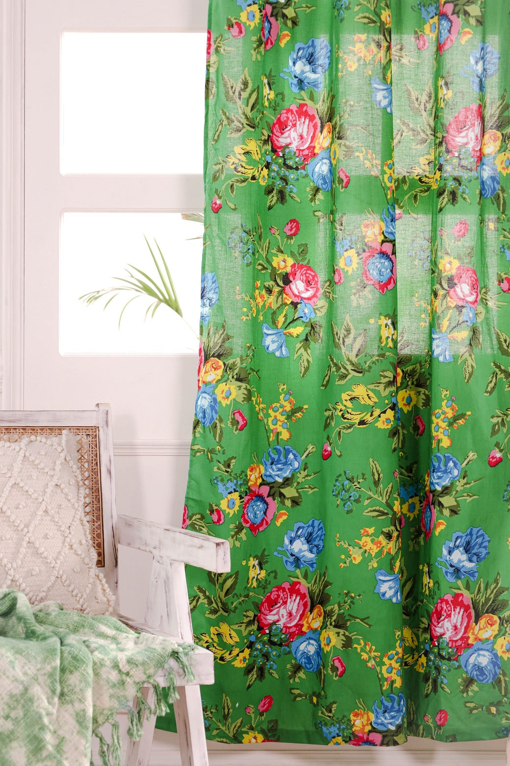Green Color Floral Printed Curtain 1 Panel Set