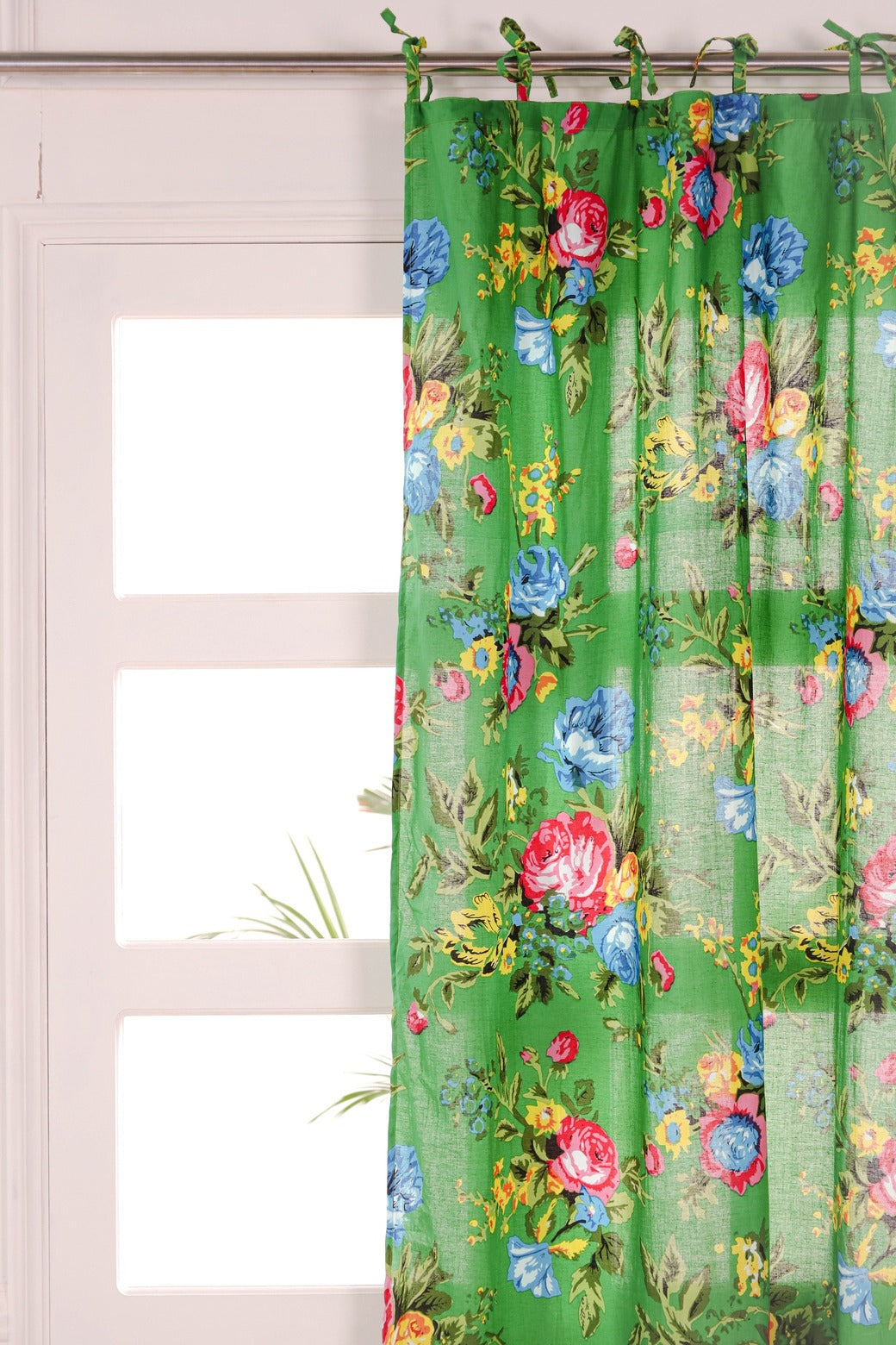 Green Color Floral Printed Curtain 1 Panel Set