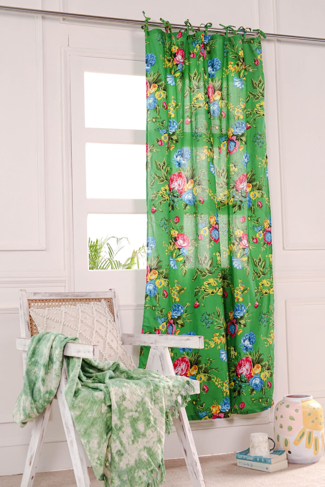 Green Color Floral Printed Curtain 1 Panel Set