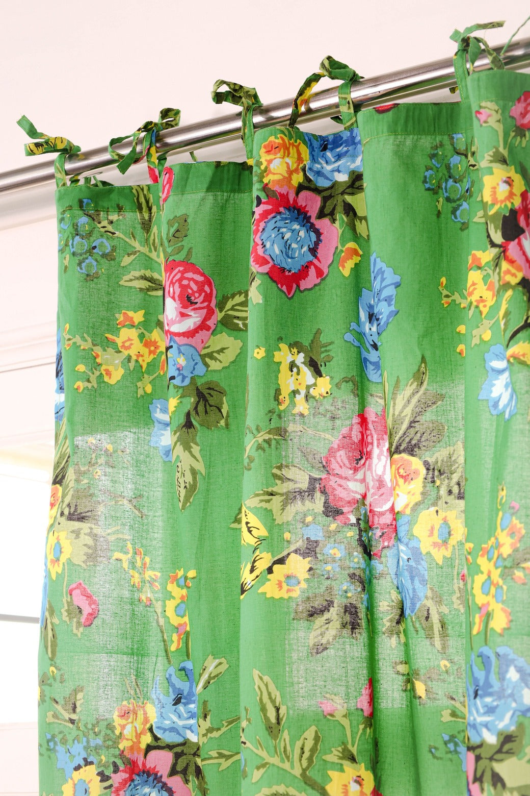 Green Color Floral Printed Curtain 1 Panel Set